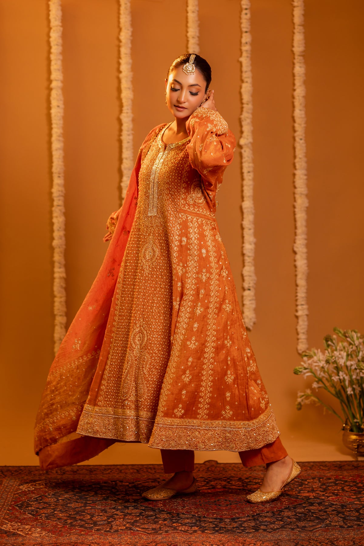 Burnt Orange Pure & Premium Tissue Chikankari Anarkali And Dupatta With Bottom