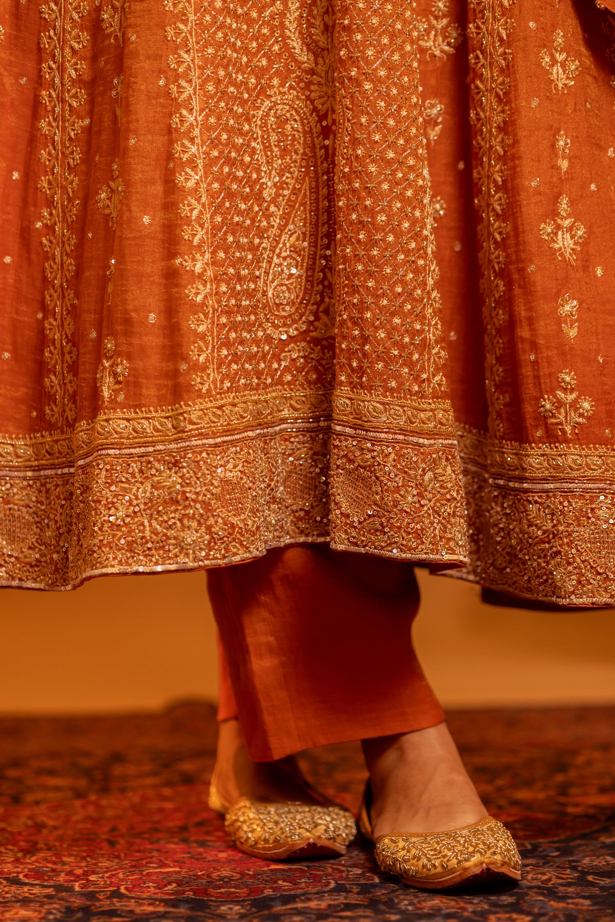 Burnt Orange Pure & Premium Tissue Chikankari Anarkali And Dupatta With Bottom