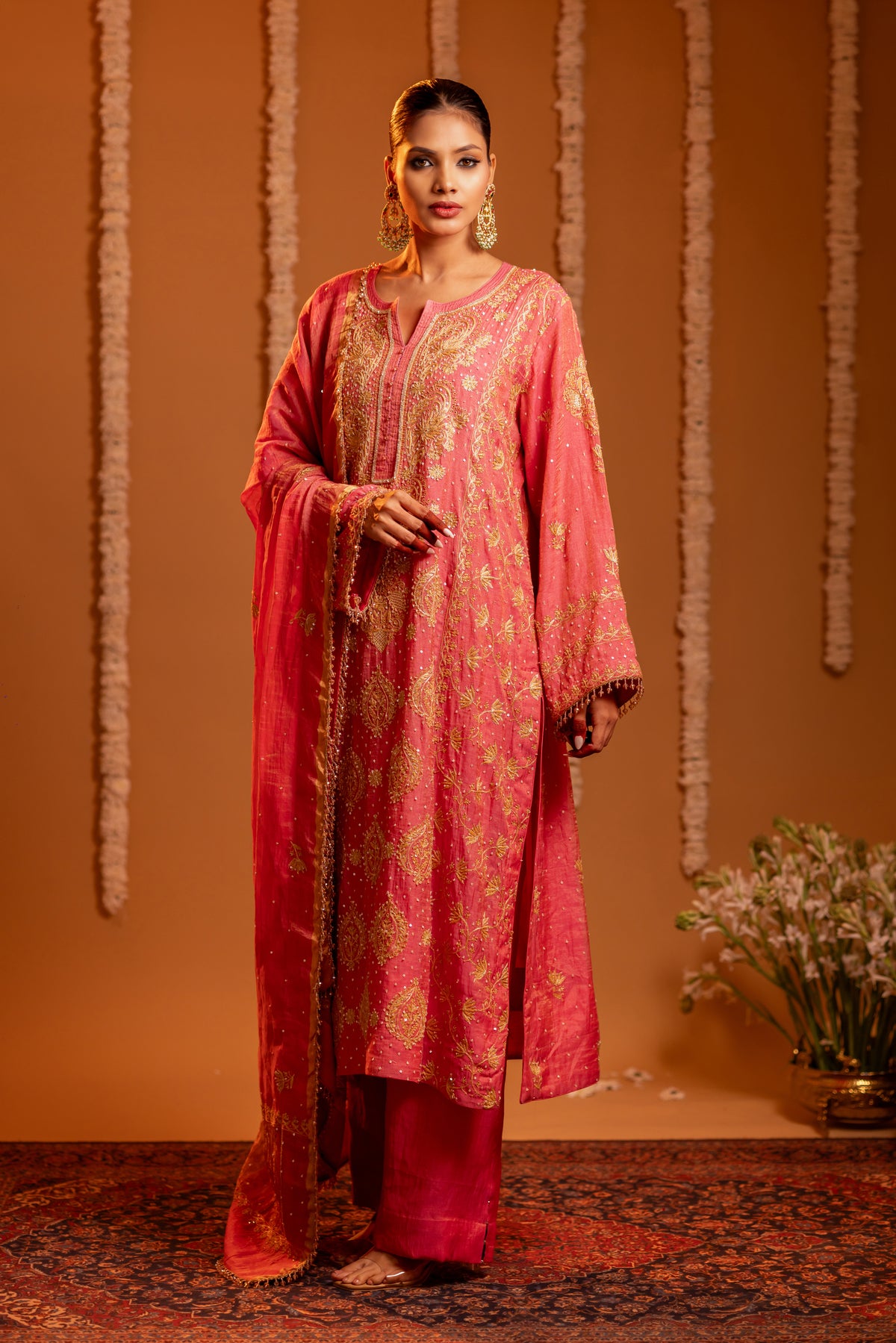 Deep Rose Pink Pure Tissue Chikankari Kurta And Dupatta