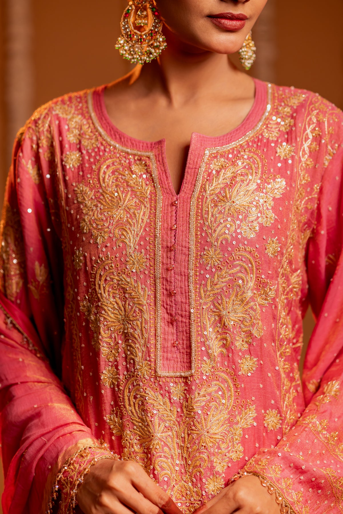 Deep Rose Pink Pure Tissue Chikankari Kurta And Dupatta