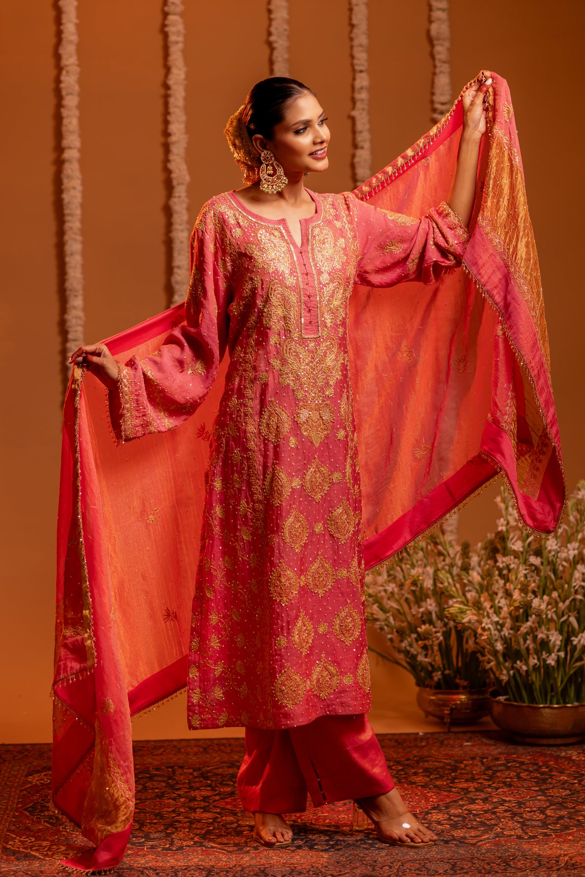 Deep Rose Pink Pure Tissue Chikankari Kurta And Dupatta