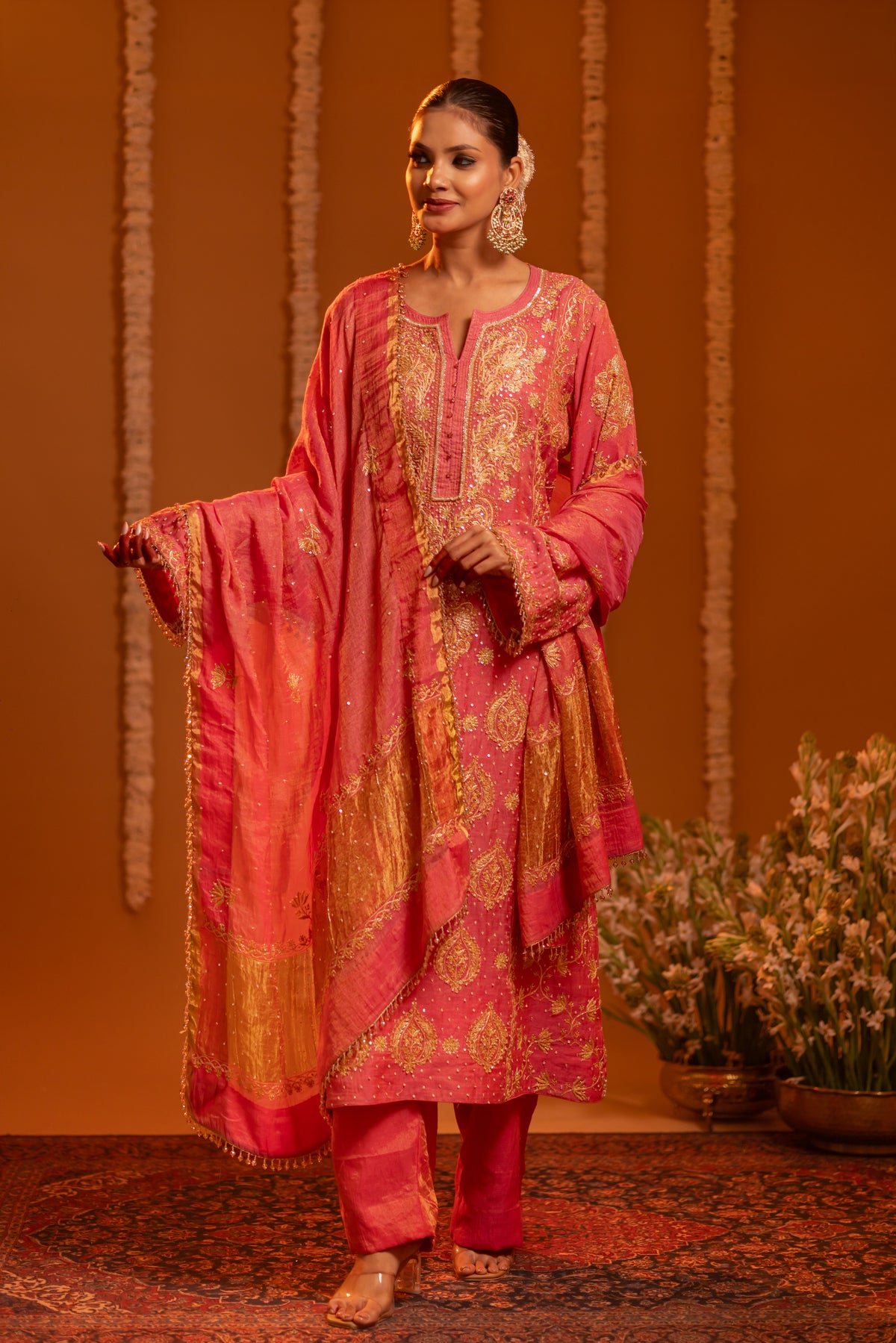Deep Rose Pink Pure Tissue Chikankari Kurta And Dupatta