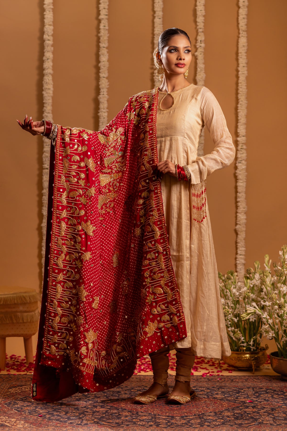 Red Pure Khaddi Georgette Radha Krishna Rasleela Bandhani Dupatta with Tissue Anarkali