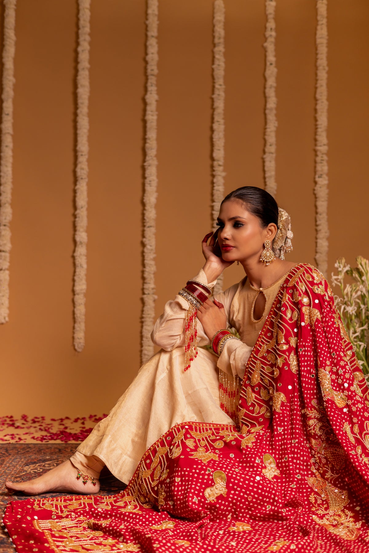 Red Pure Khaddi Georgette Radha Krishna Rasleela Bandhani Dupatta with Tissue Anarkali