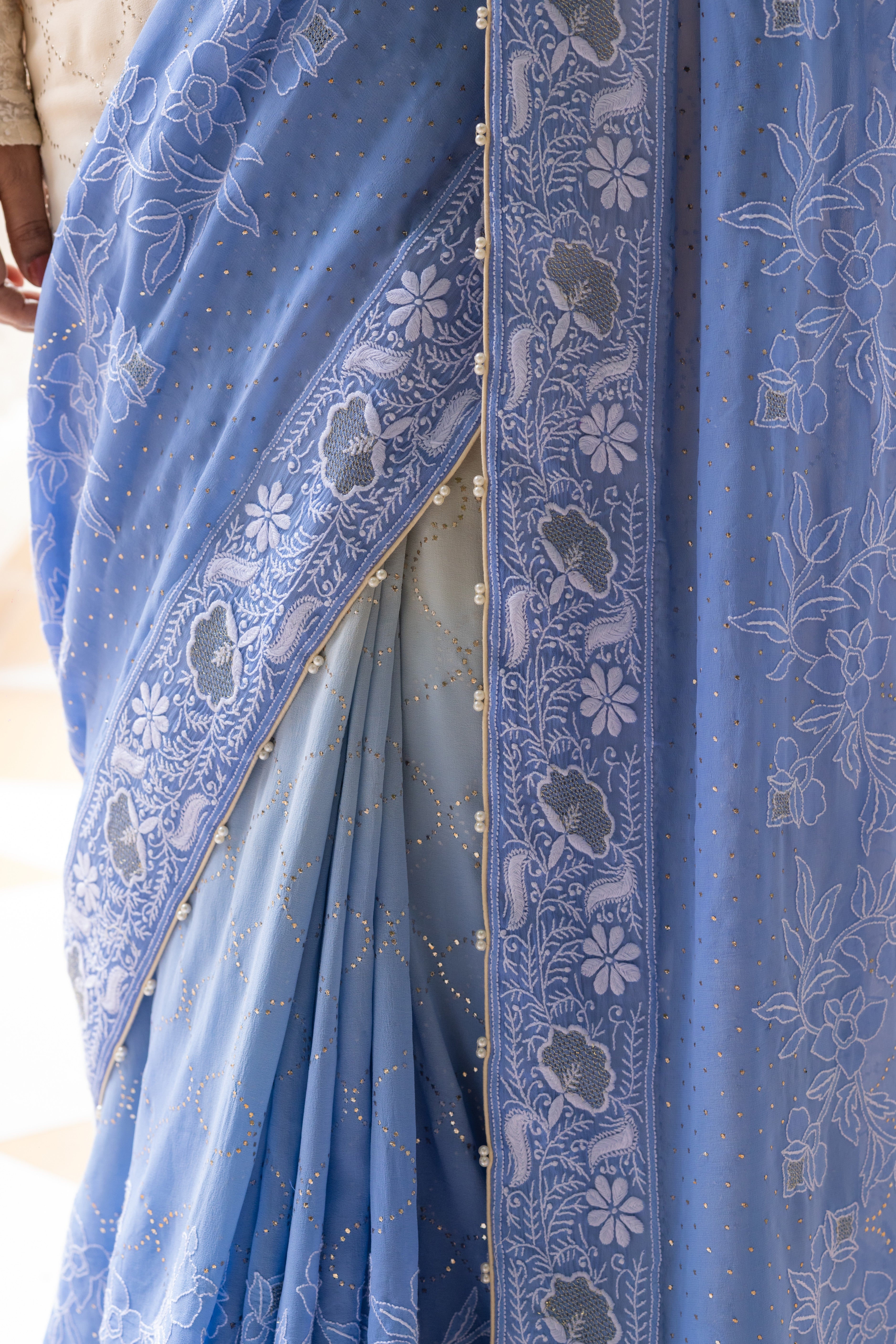 Ivory Serenity Blue Ombre Pure Georgette Chikankari and Mukaish Saree and blouse - Pleats PleaseChikankari