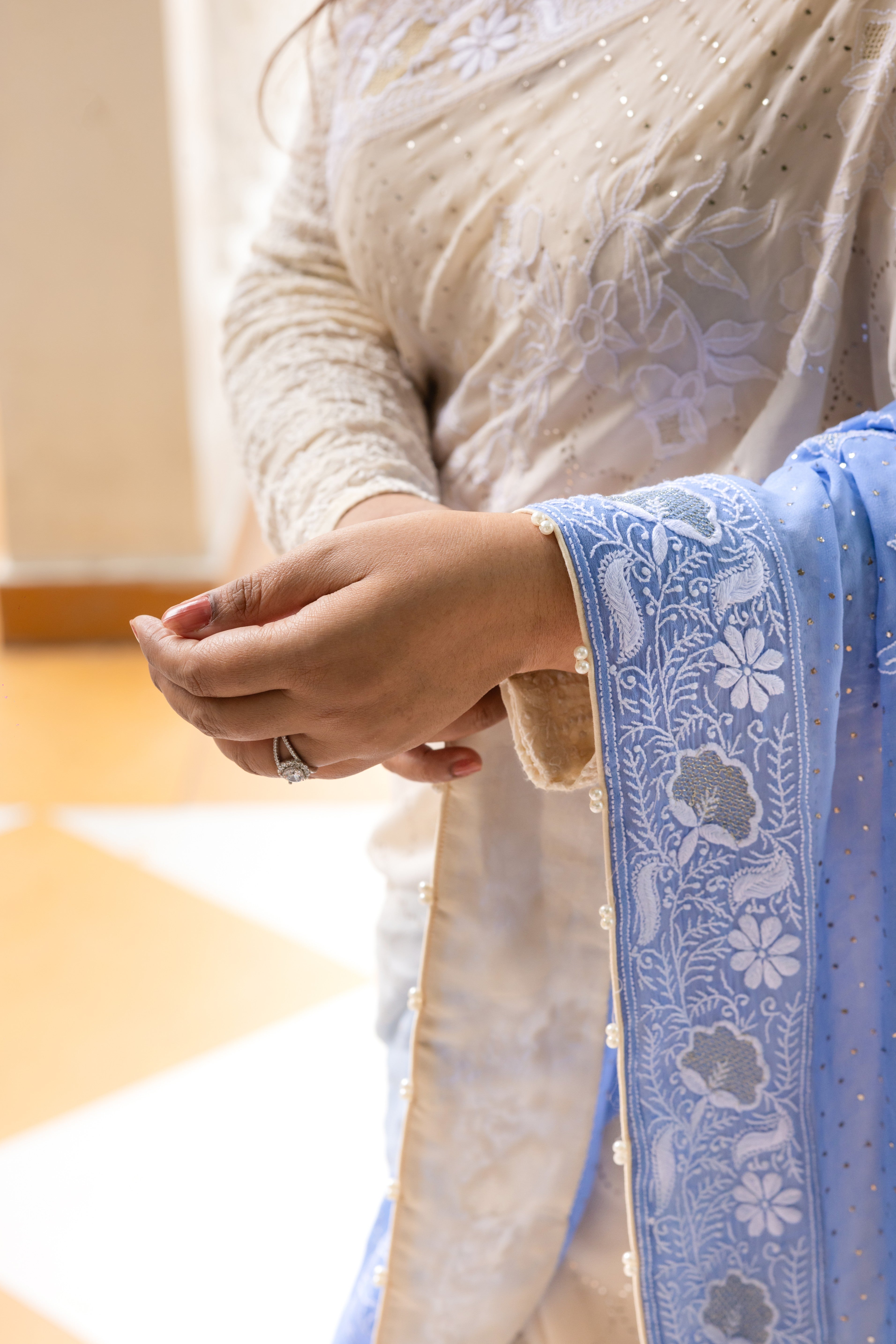 Ivory Serenity Blue Ombre Pure Georgette Chikankari and Mukaish Saree and blouse - Pleats PleaseChikankari