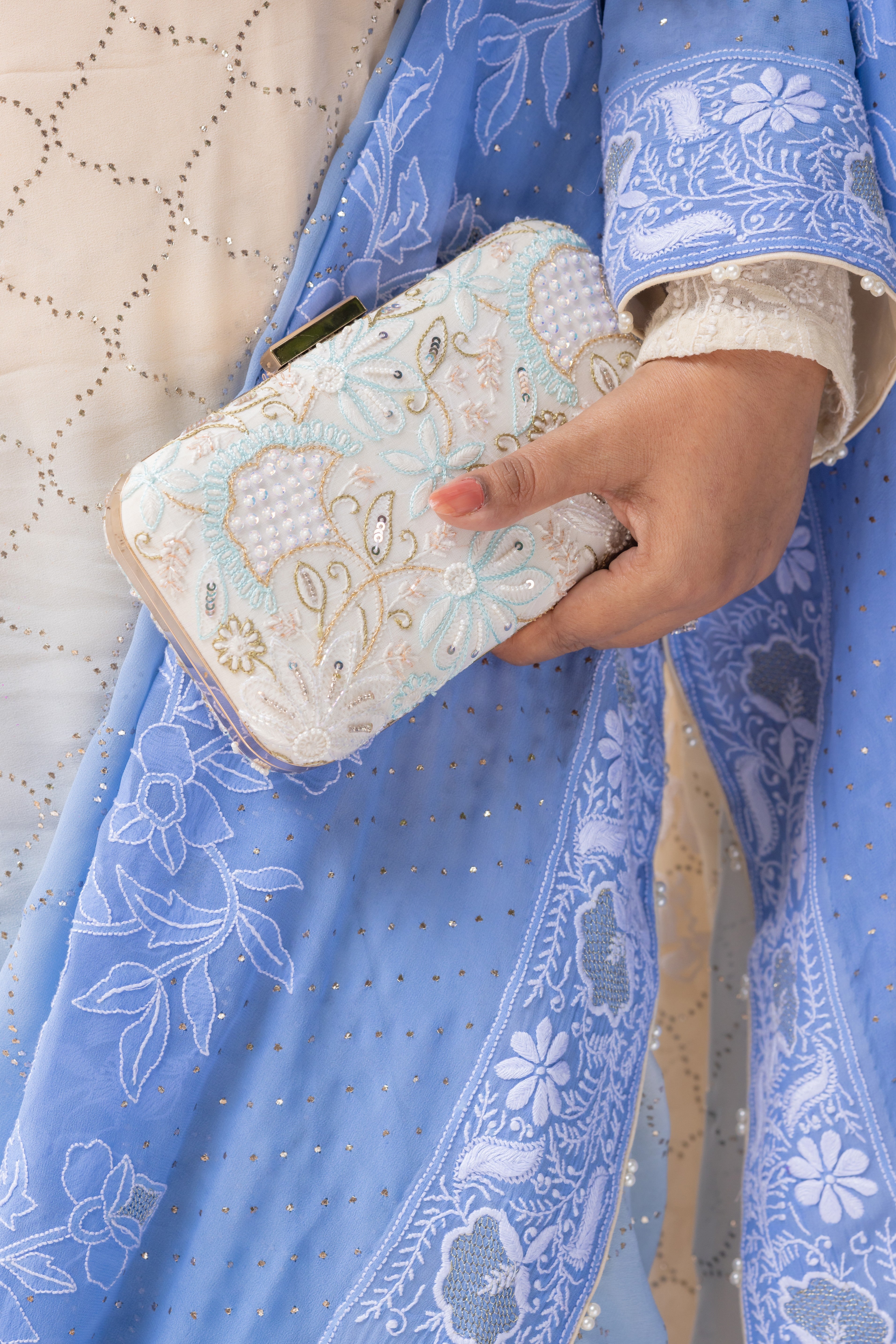Ivory Serenity Blue Ombre Pure Georgette Chikankari and Mukaish Saree and blouse - Pleats PleaseChikankari