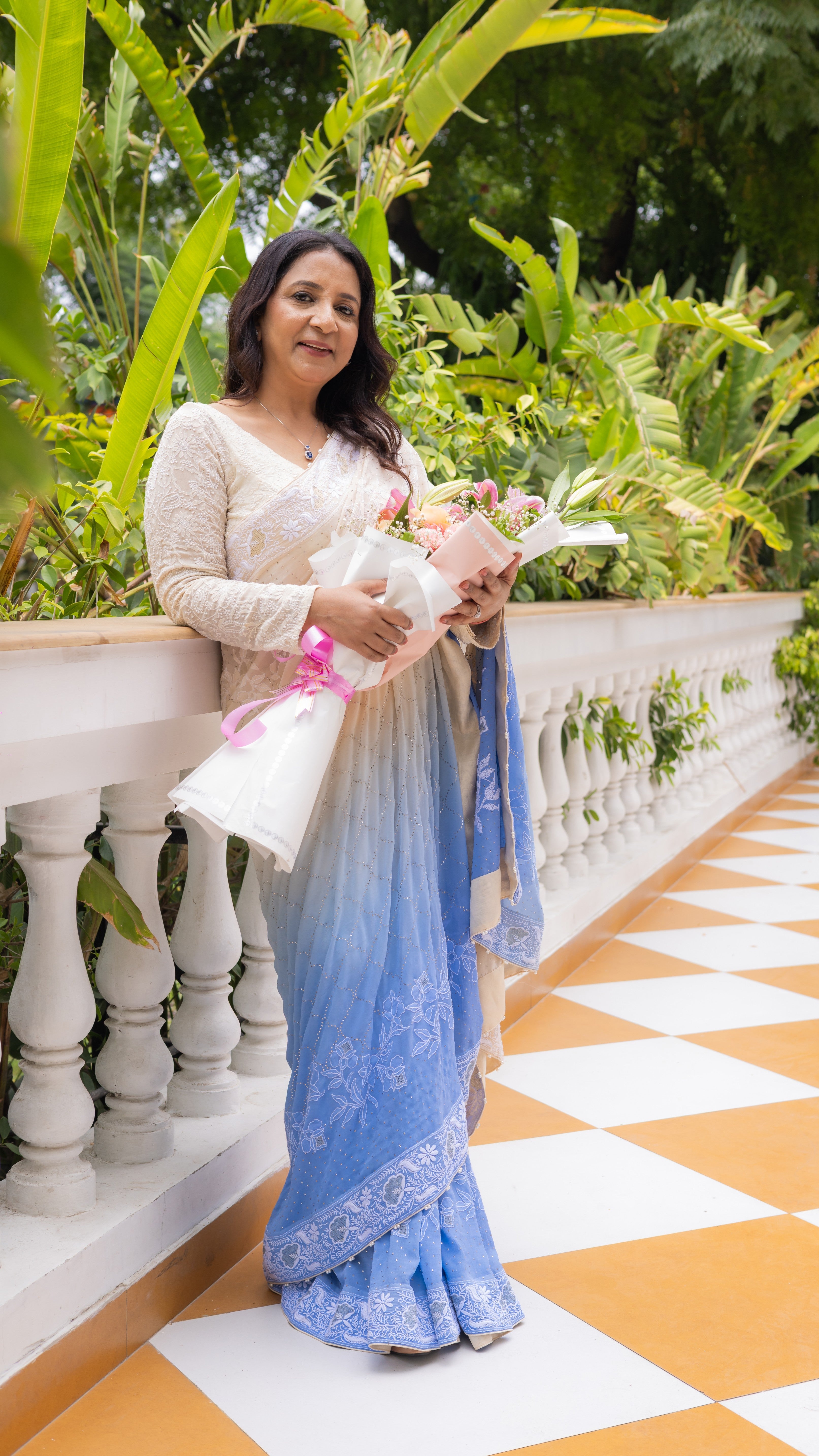 Ivory Serenity Blue Ombre Pure Georgette Chikankari and Mukaish Saree and blouse