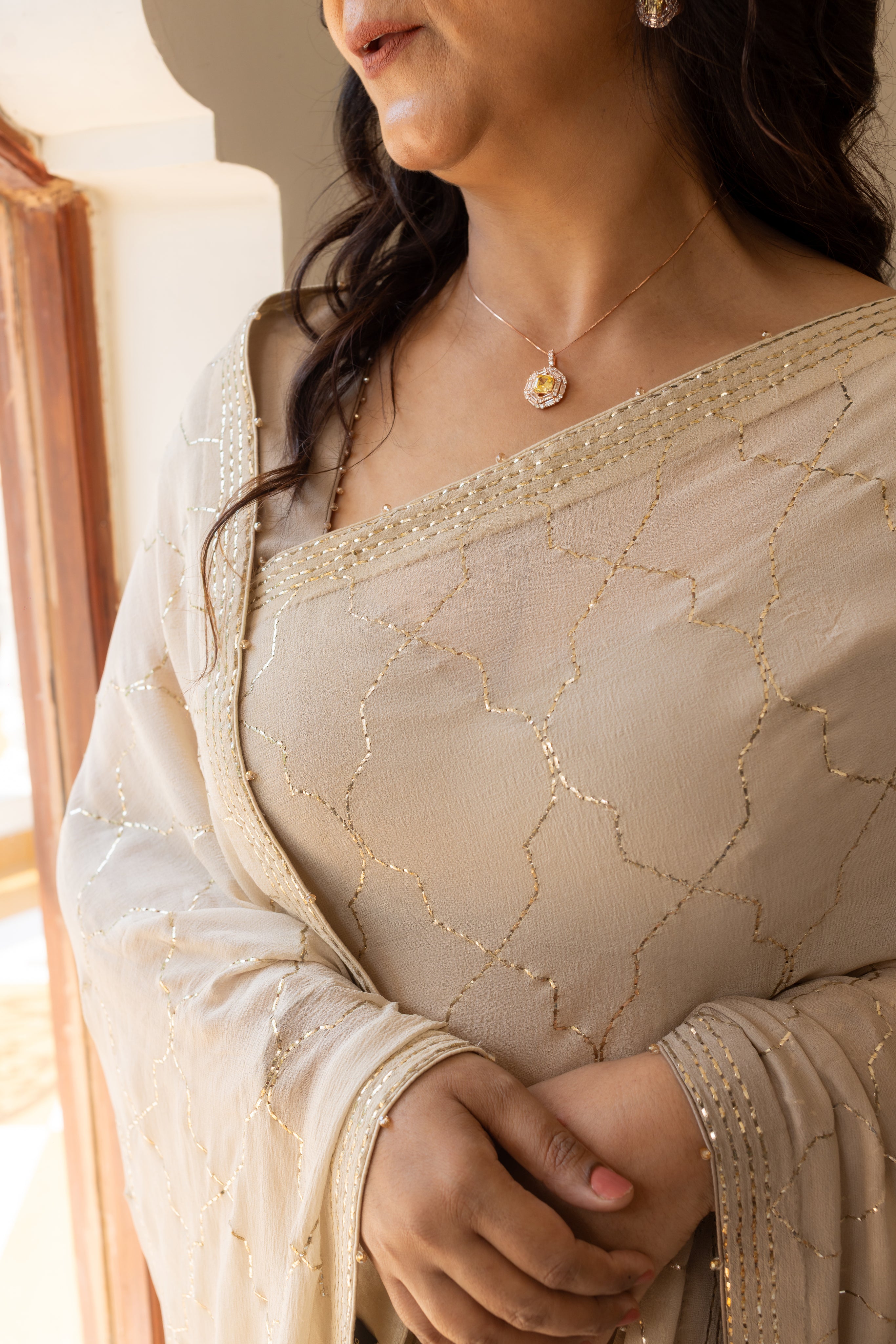 Hazelnut Brown Ombre Pure and Premium Georgette Mukaish Saree - Pleats PleaseChikankari