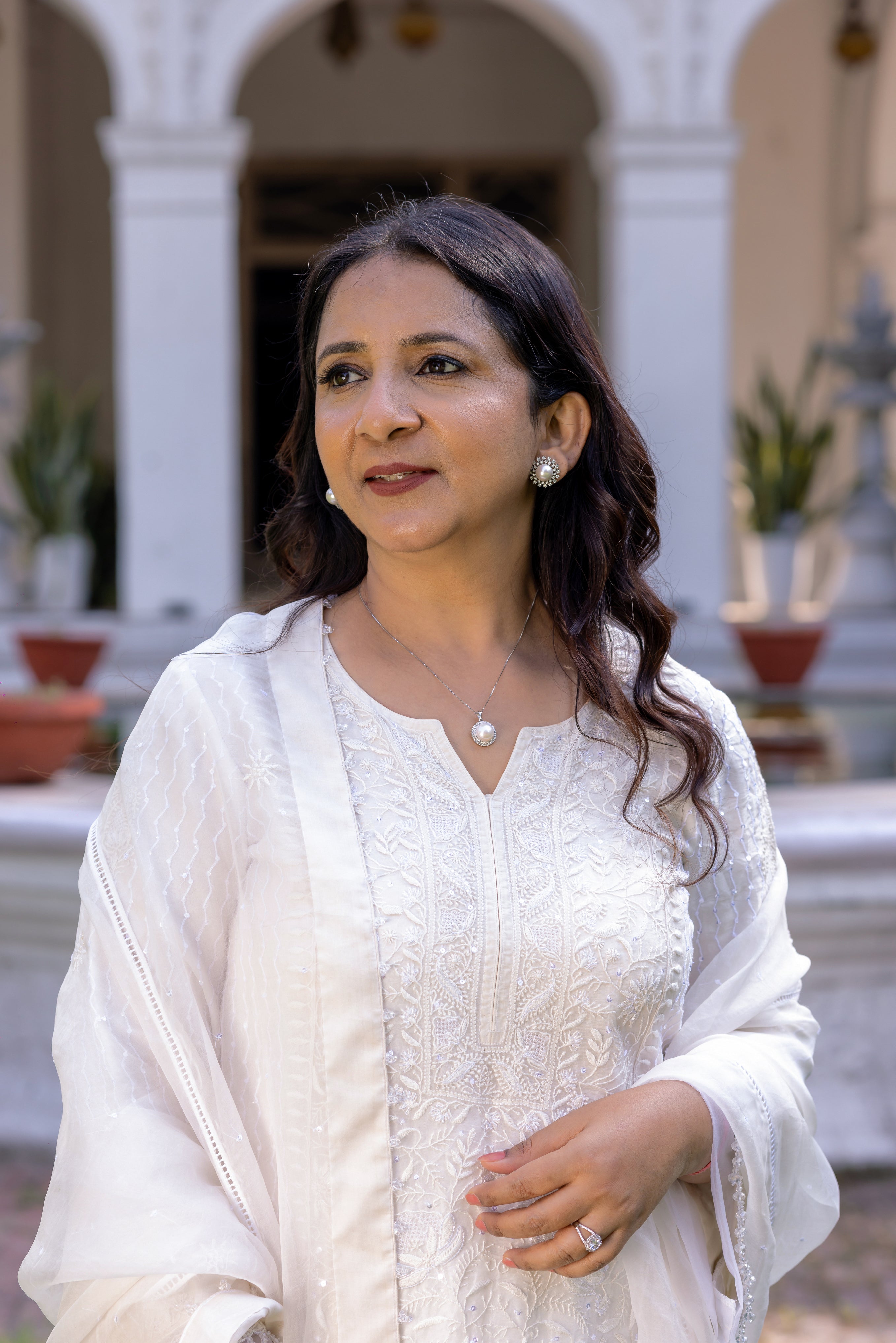 White Pure Organza Silk Chikankari Kurta And Dupatta - Pleats PleaseChikankari