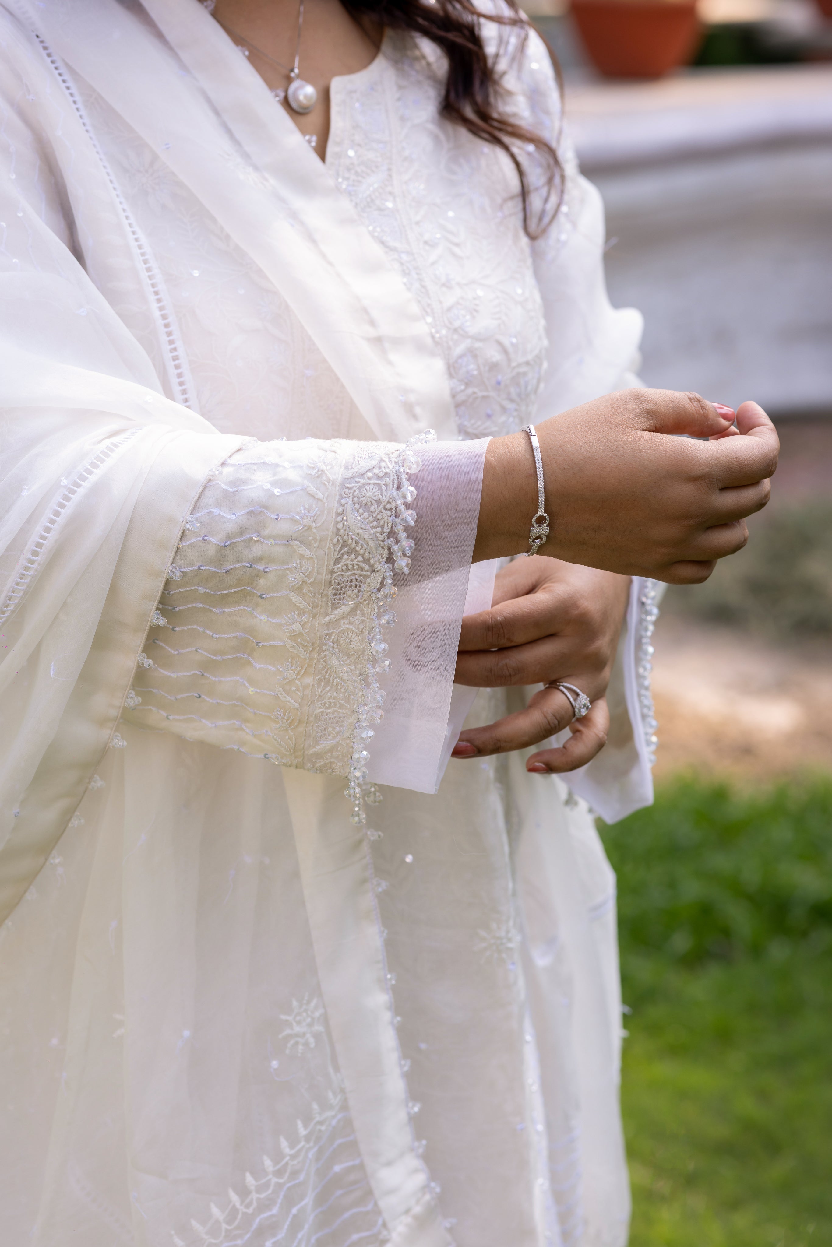White Pure Organza Silk Chikankari Kurta And Dupatta - Pleats PleaseChikankari