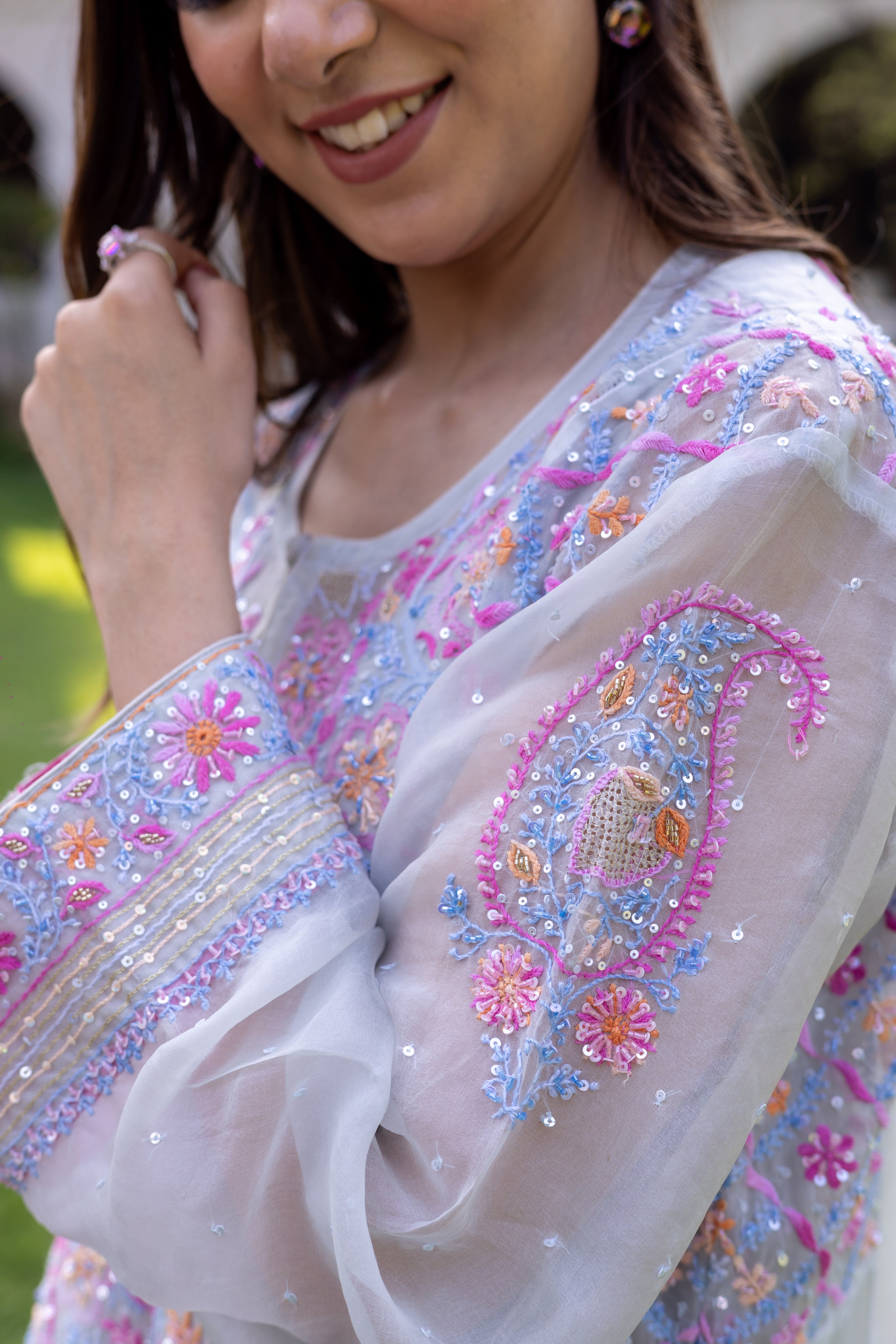 Powder Blue Pure Organza Silk Chikankari Anarkali and Dupatta - Pleats PleaseChikankari