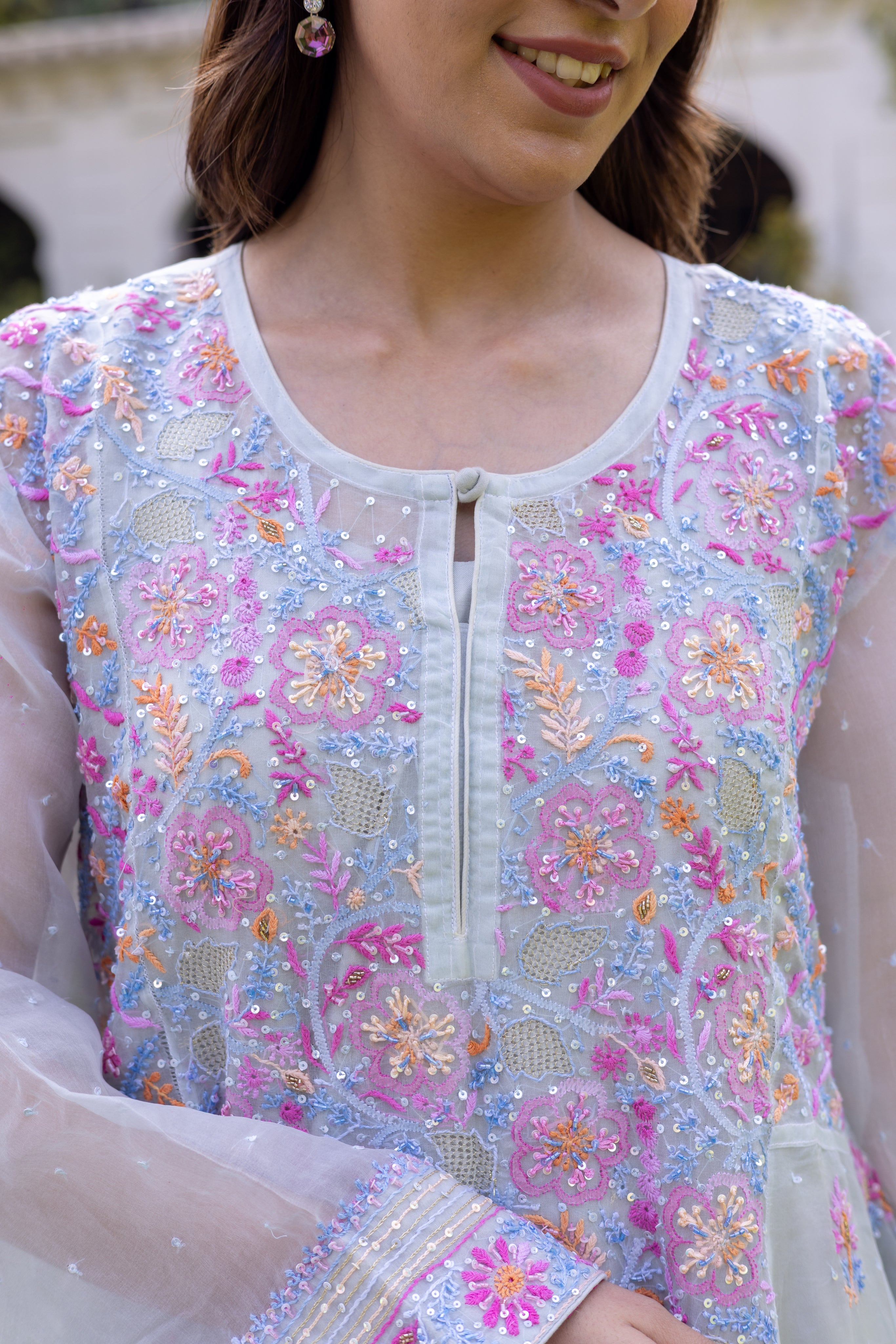Powder Blue Pure Organza Silk Chikankari Anarkali and Dupatta - Pleats PleaseChikankari