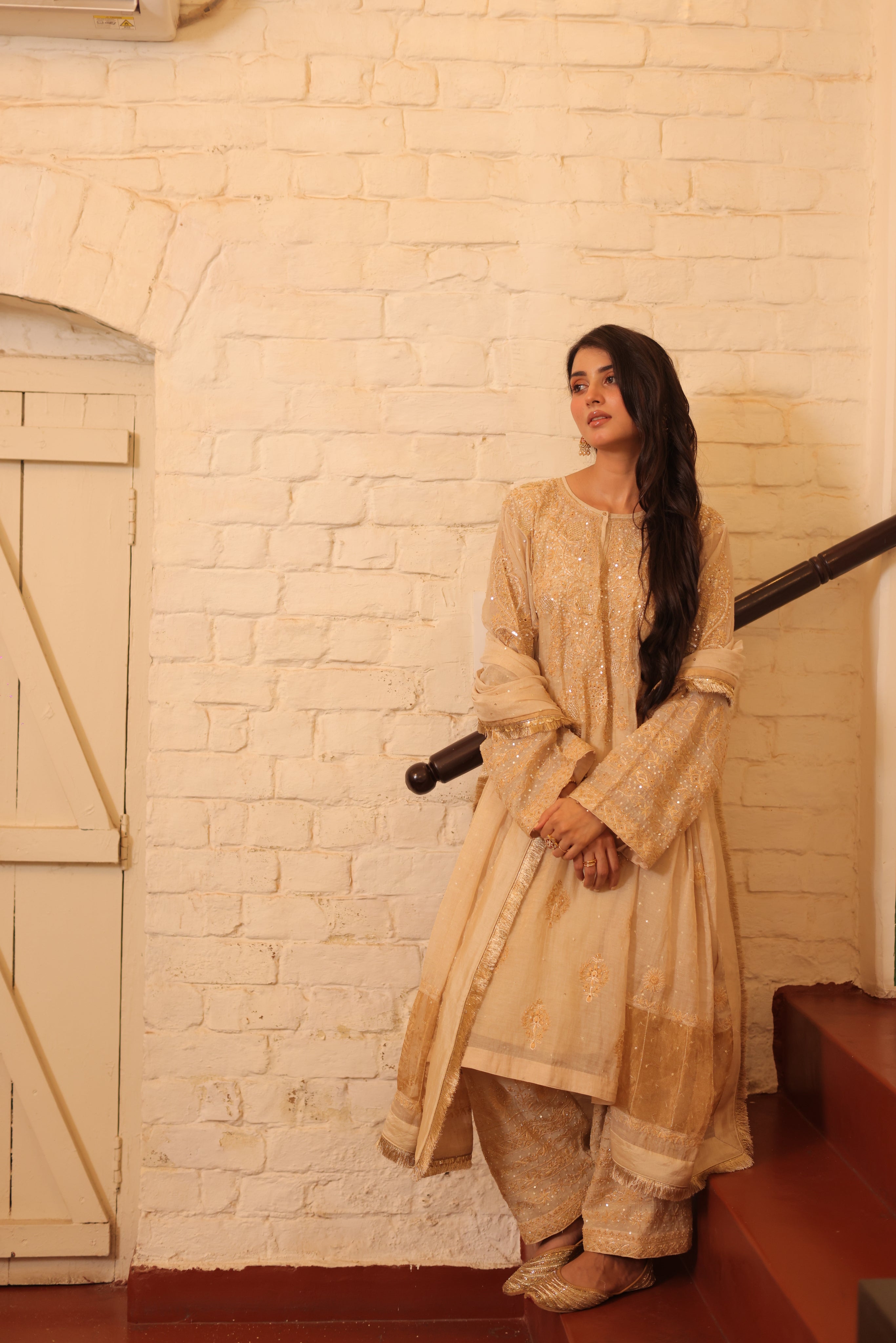Handcrafted Dyeable Pure & Premium Gold Tissue Chikanakri Choga Kurta Set