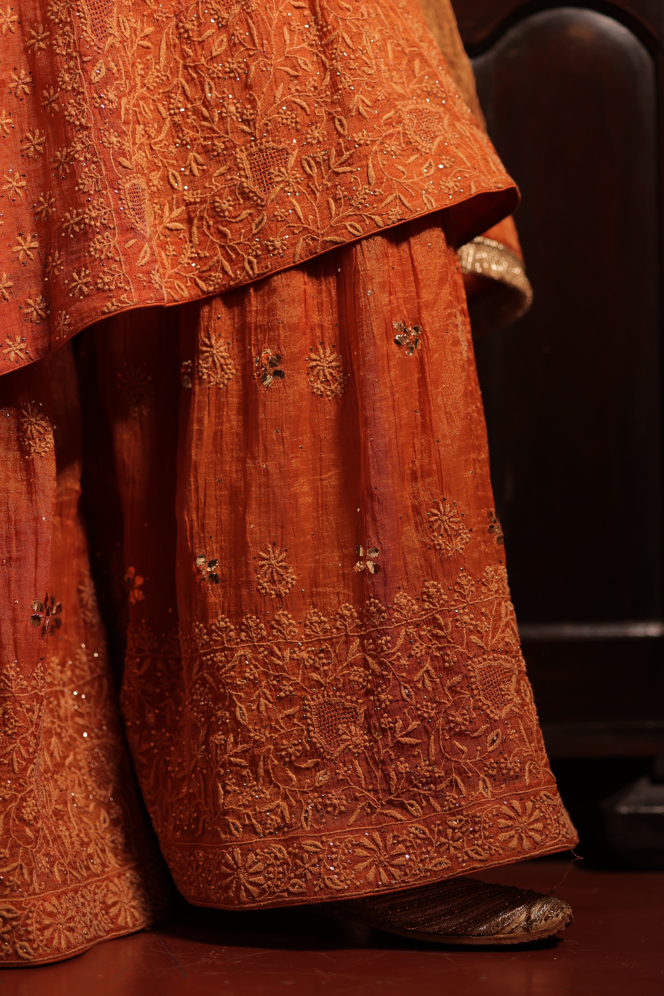 Handcrafted Pure & Premium Burnt Orange Tissue Chikankari Kurta And Sharara Set