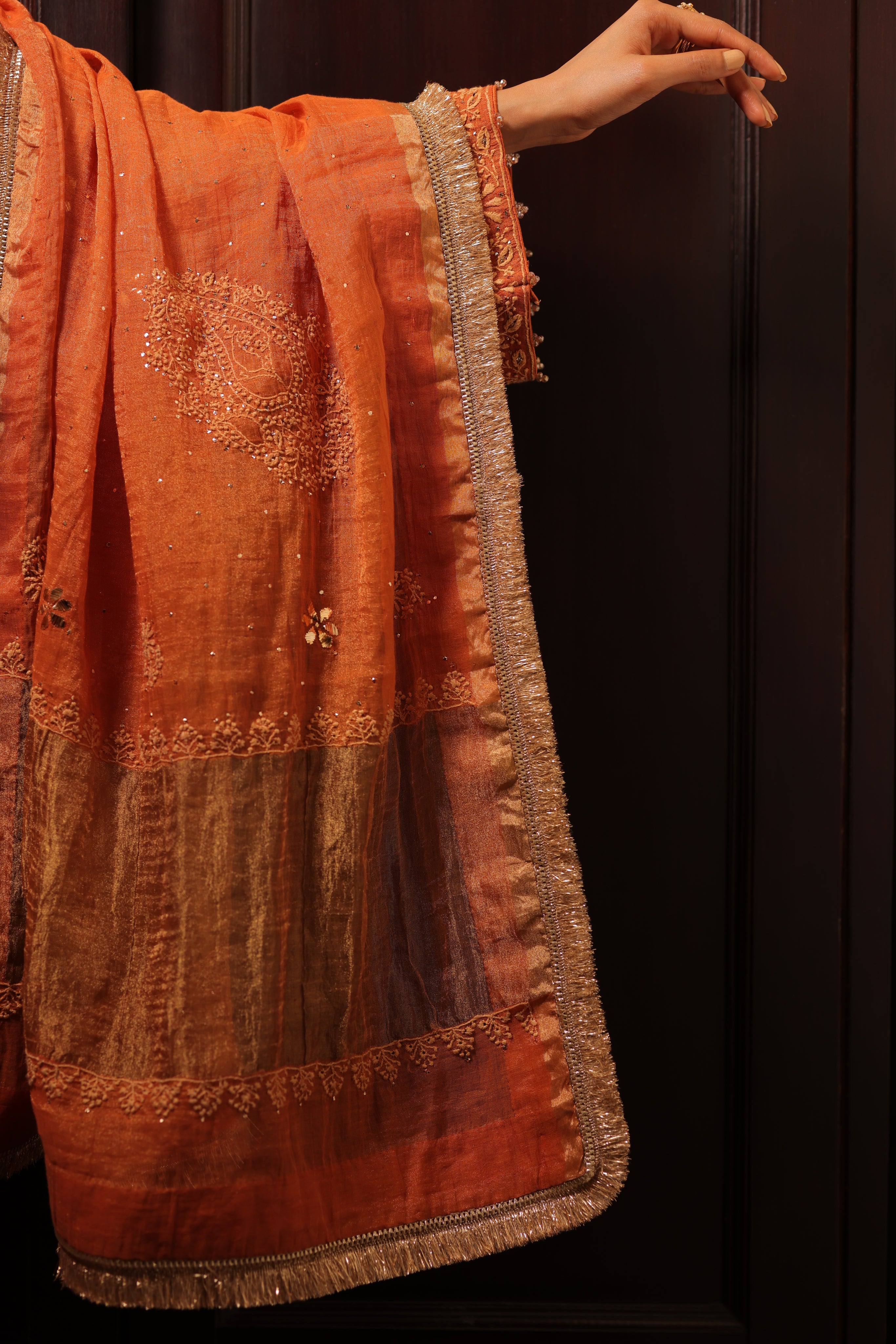 Handcrafted Pure & Premium Burnt Orange Tissue Chikankari Kurta And Sharara Set