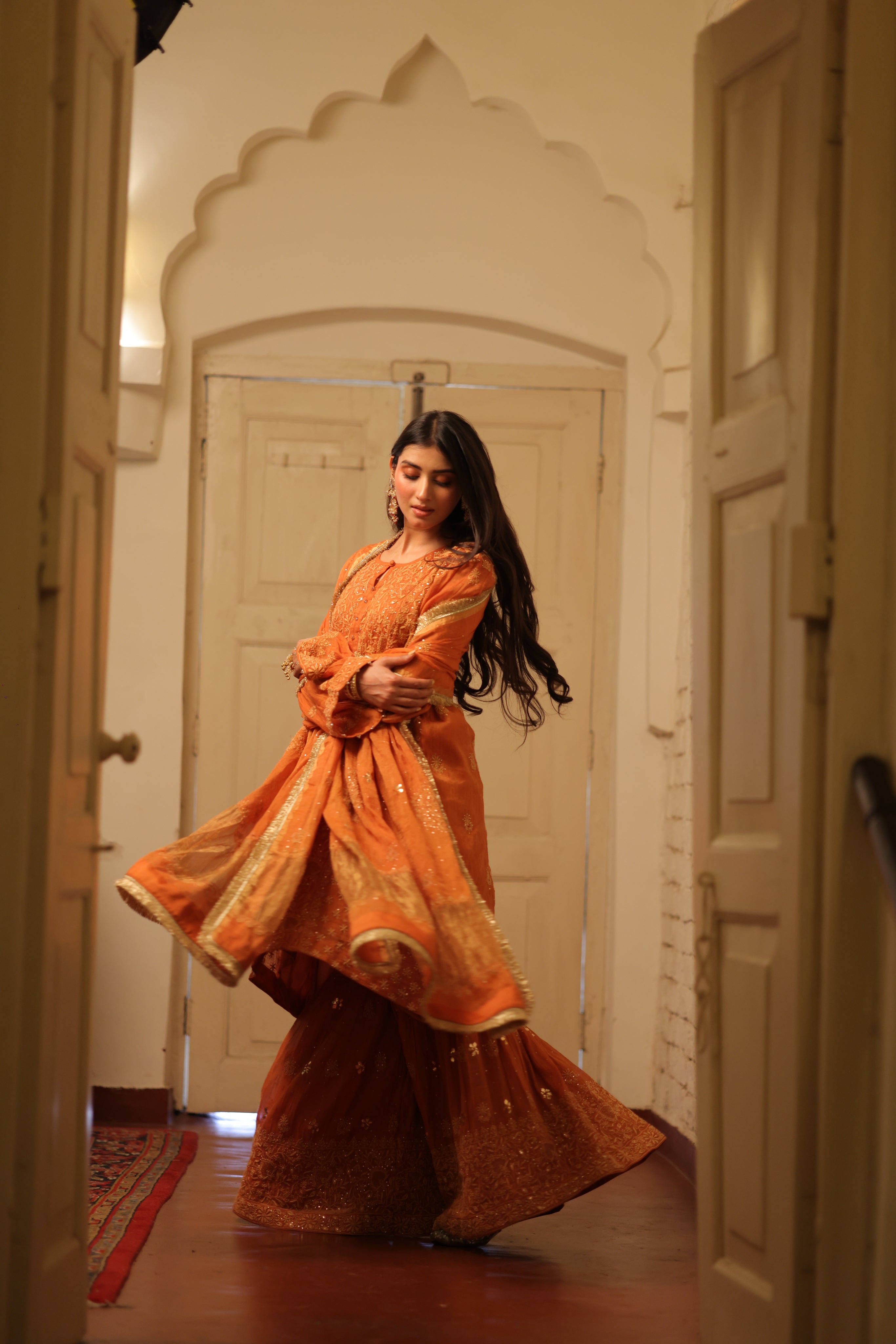 Handcrafted Pure & Premium Burnt Orange Tissue Chikankari Kurta And Sharara Set
