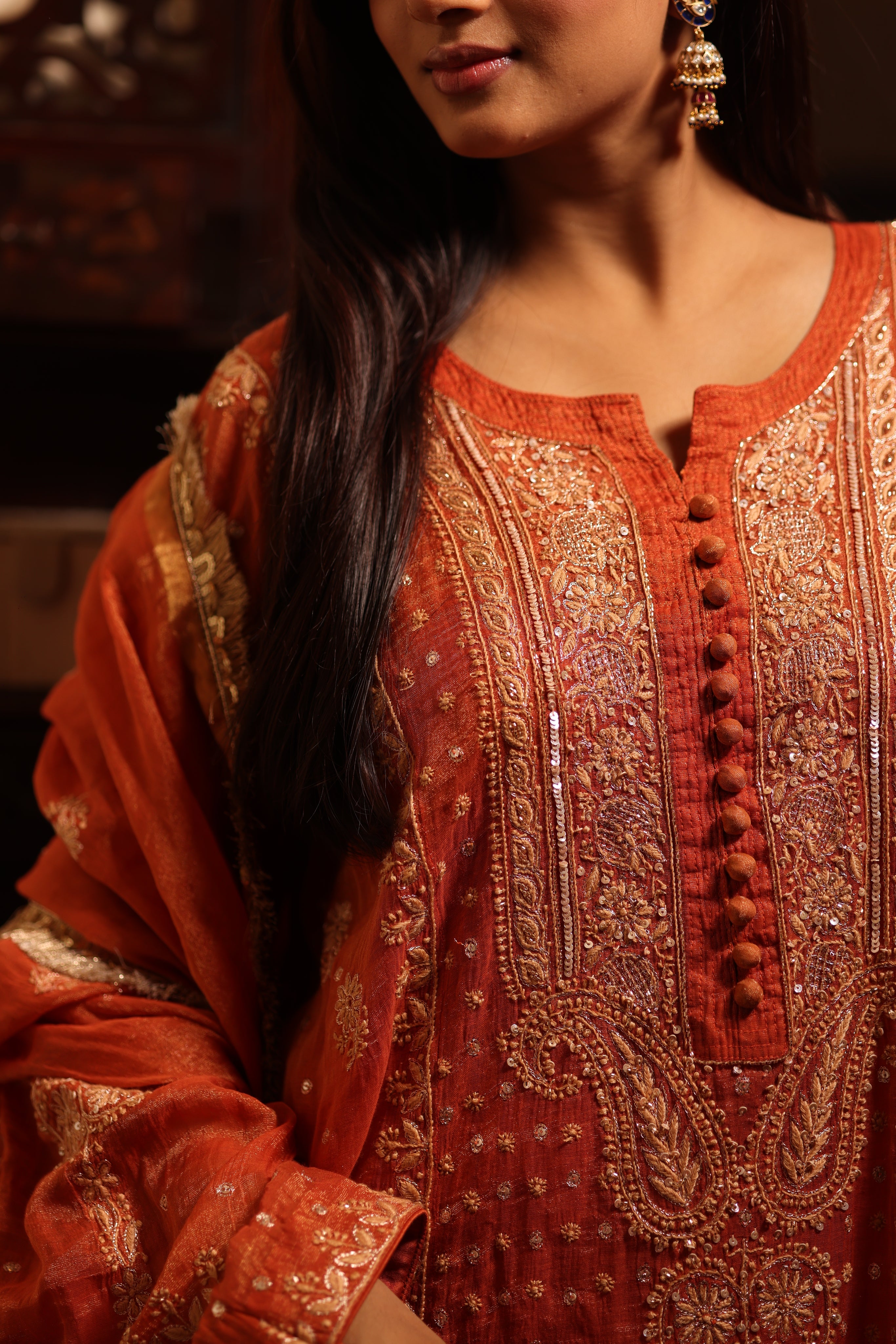 Handcrafted Pure & Premium Burnt Orange Tissue Chikankari Kurta Set