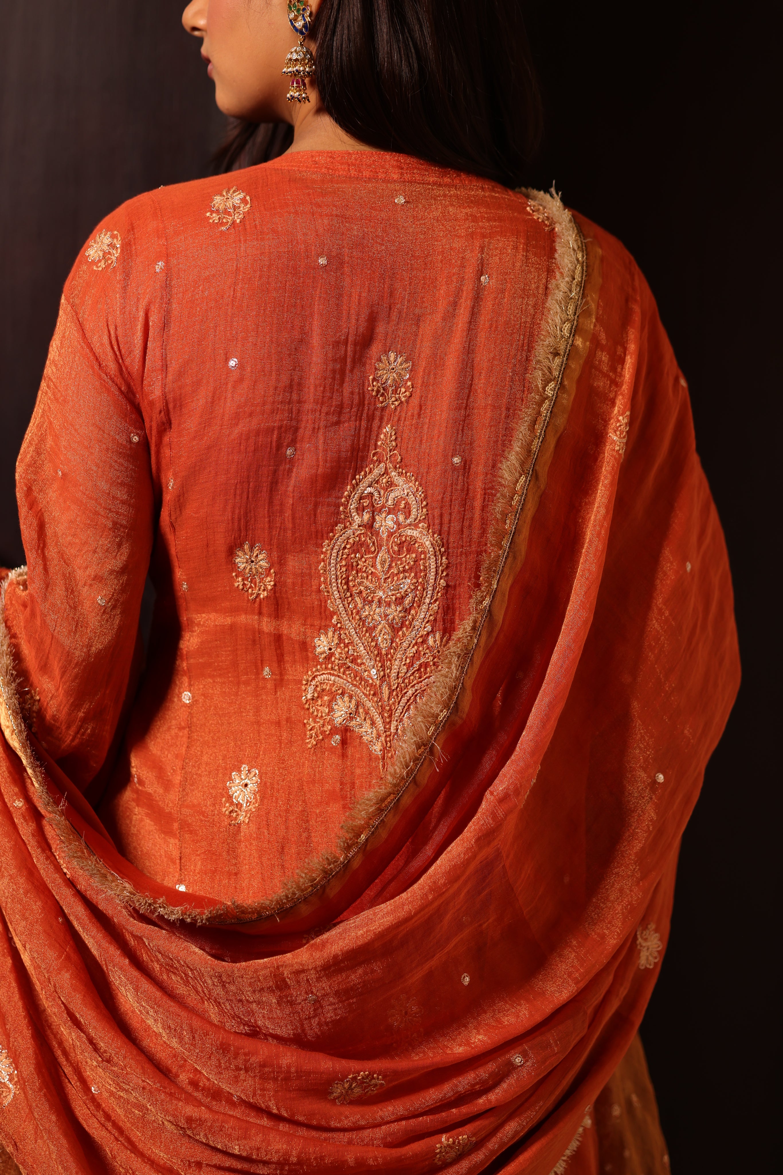 Handcrafted Pure & Premium Burnt Orange Tissue Chikankari Kurta Set