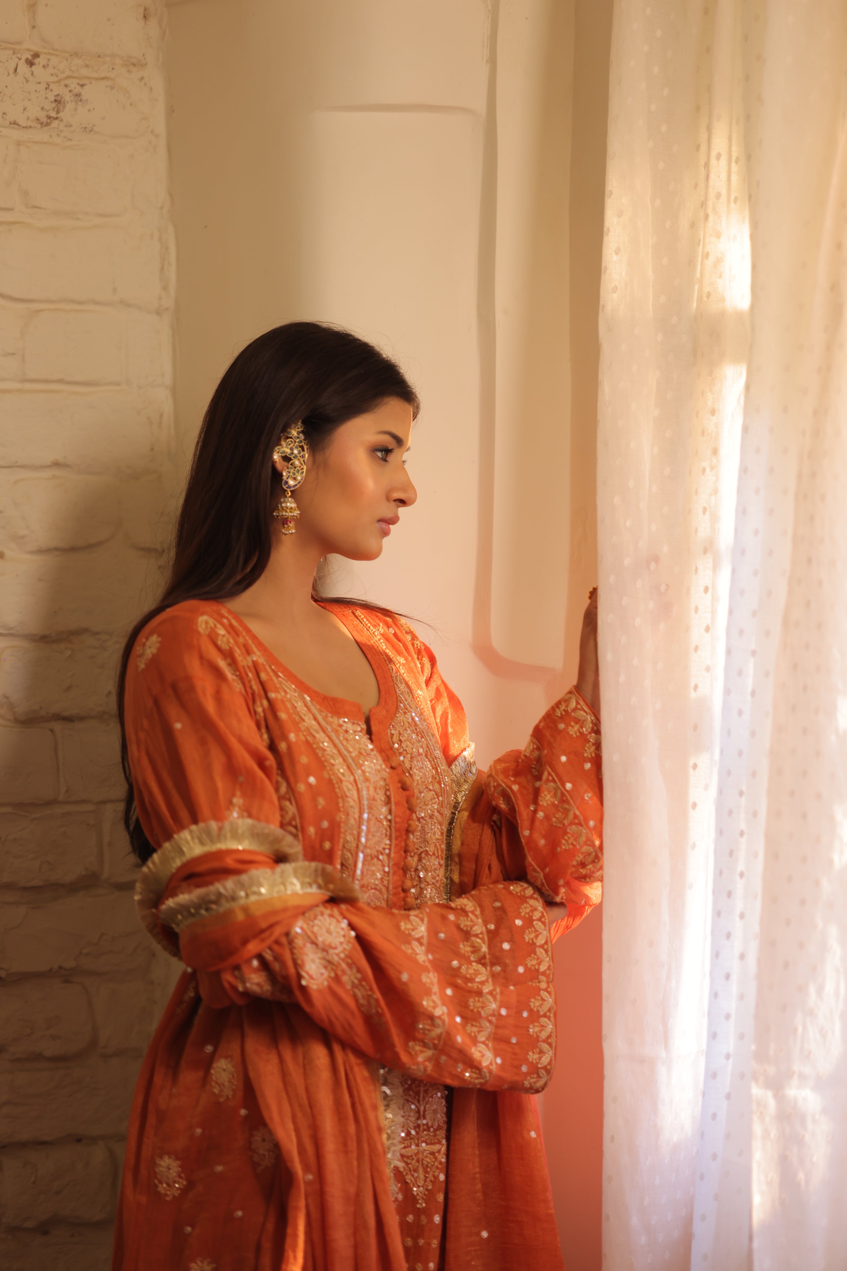 Handcrafted Pure & Premium Burnt Orange Tissue Chikankari Kurta Set