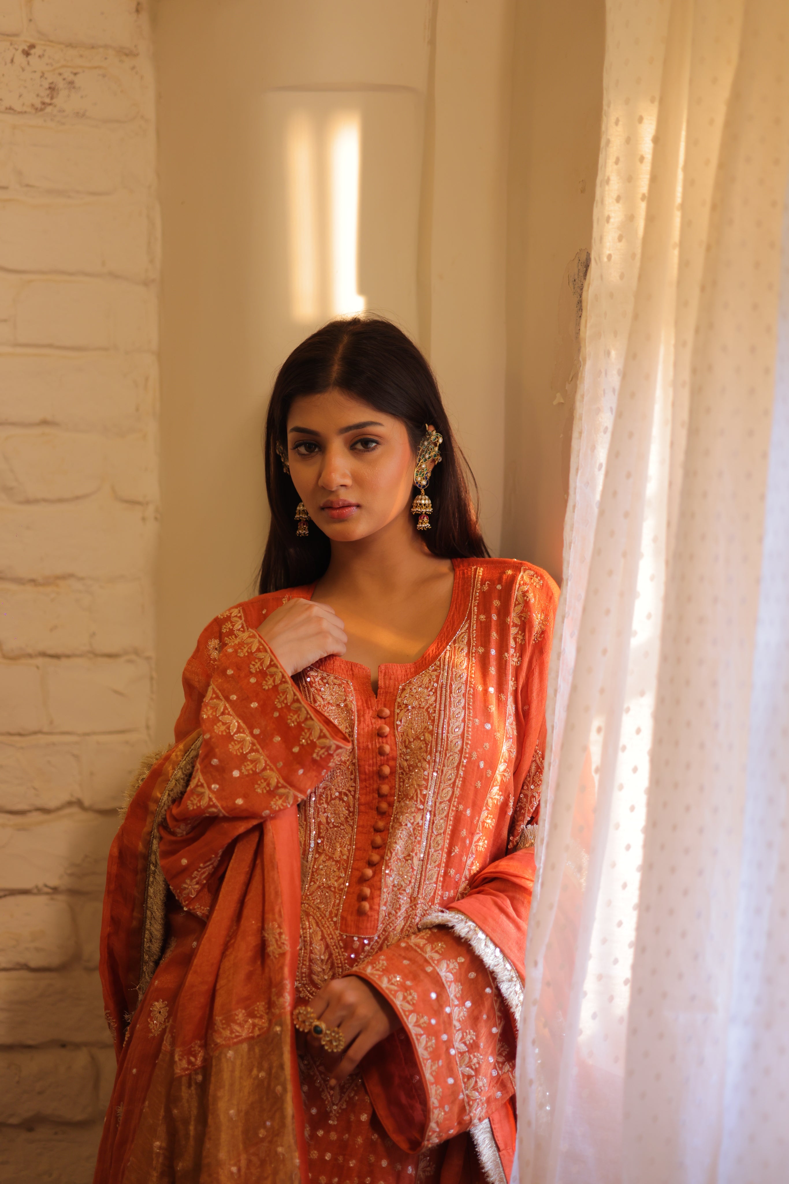 Handcrafted Pure & Premium Burnt Orange Tissue Chikankari Kurta Set