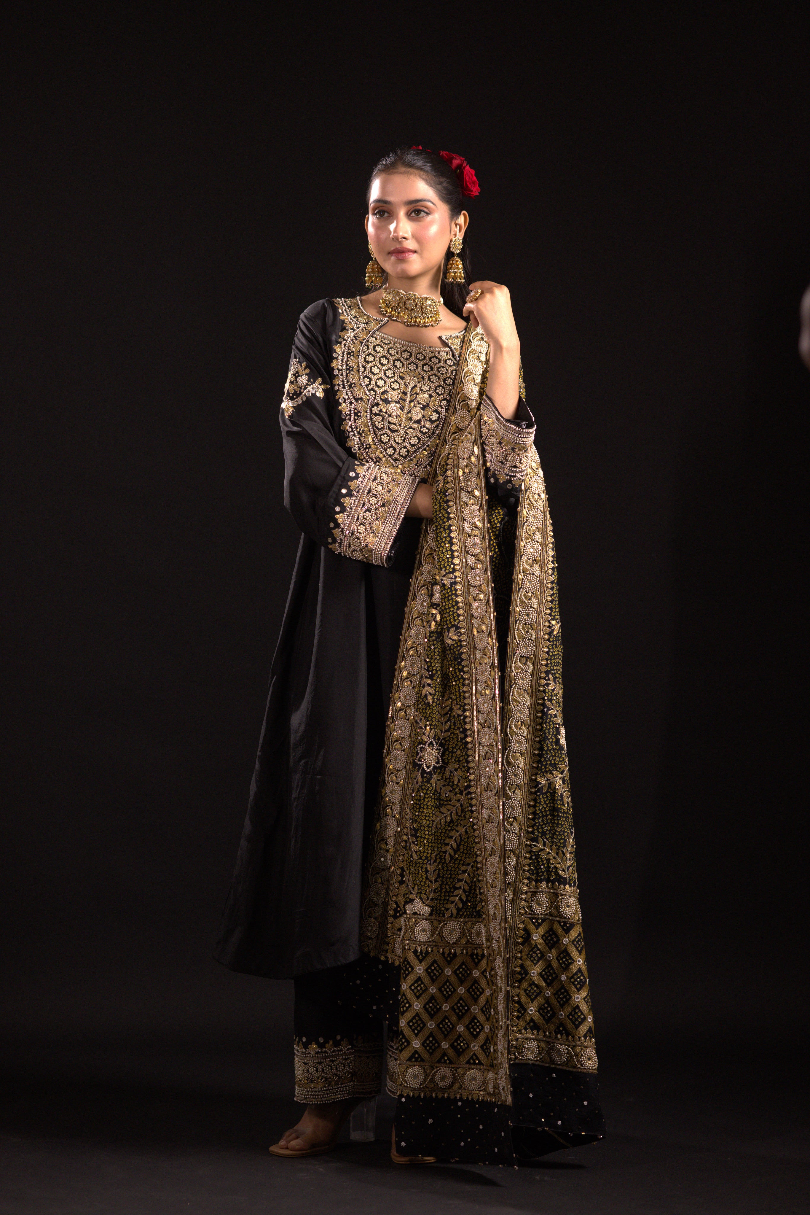 Black Bandhej Dupatta & Silk Kurta Set