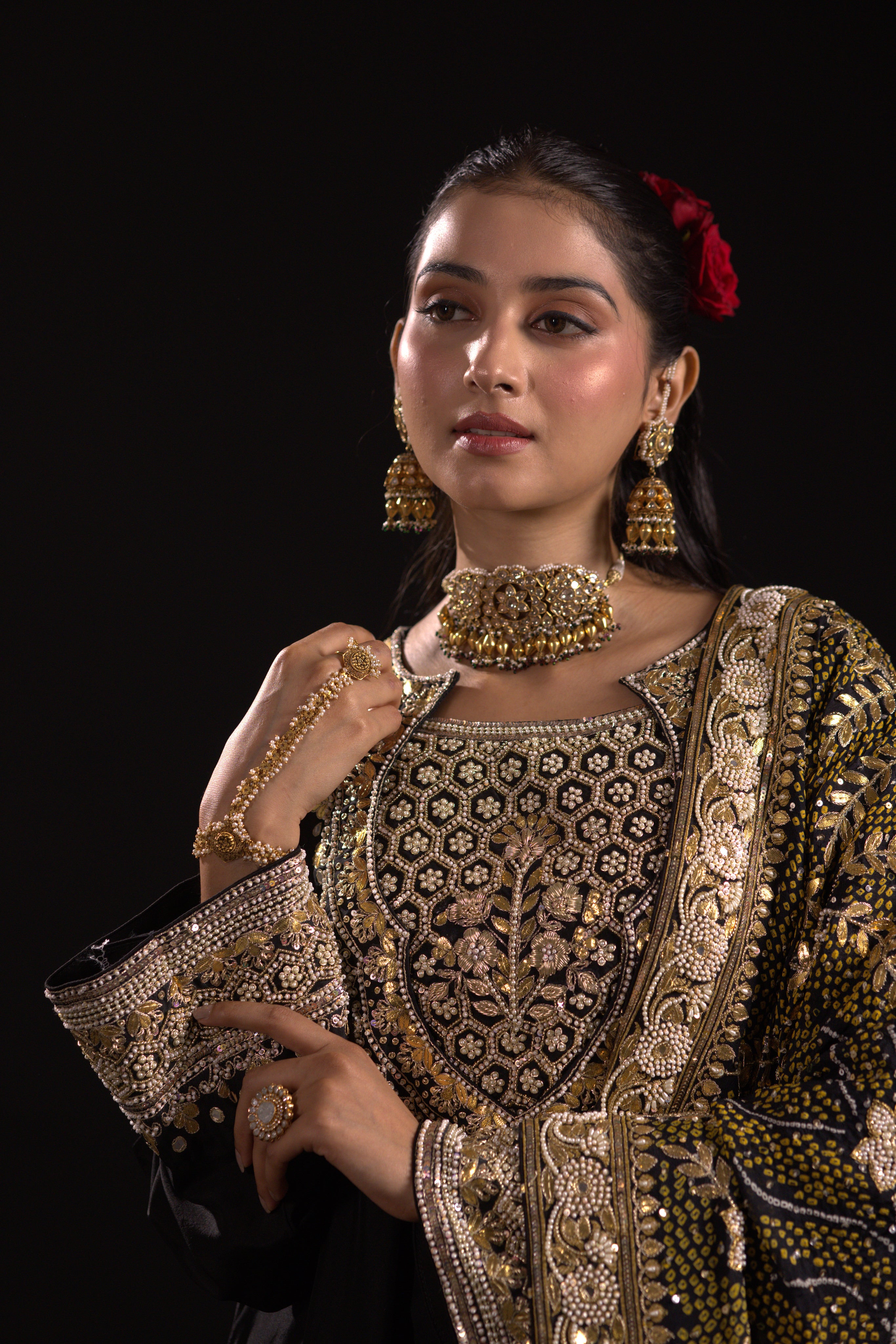 Black Bandhej Dupatta & Silk Kurta Set