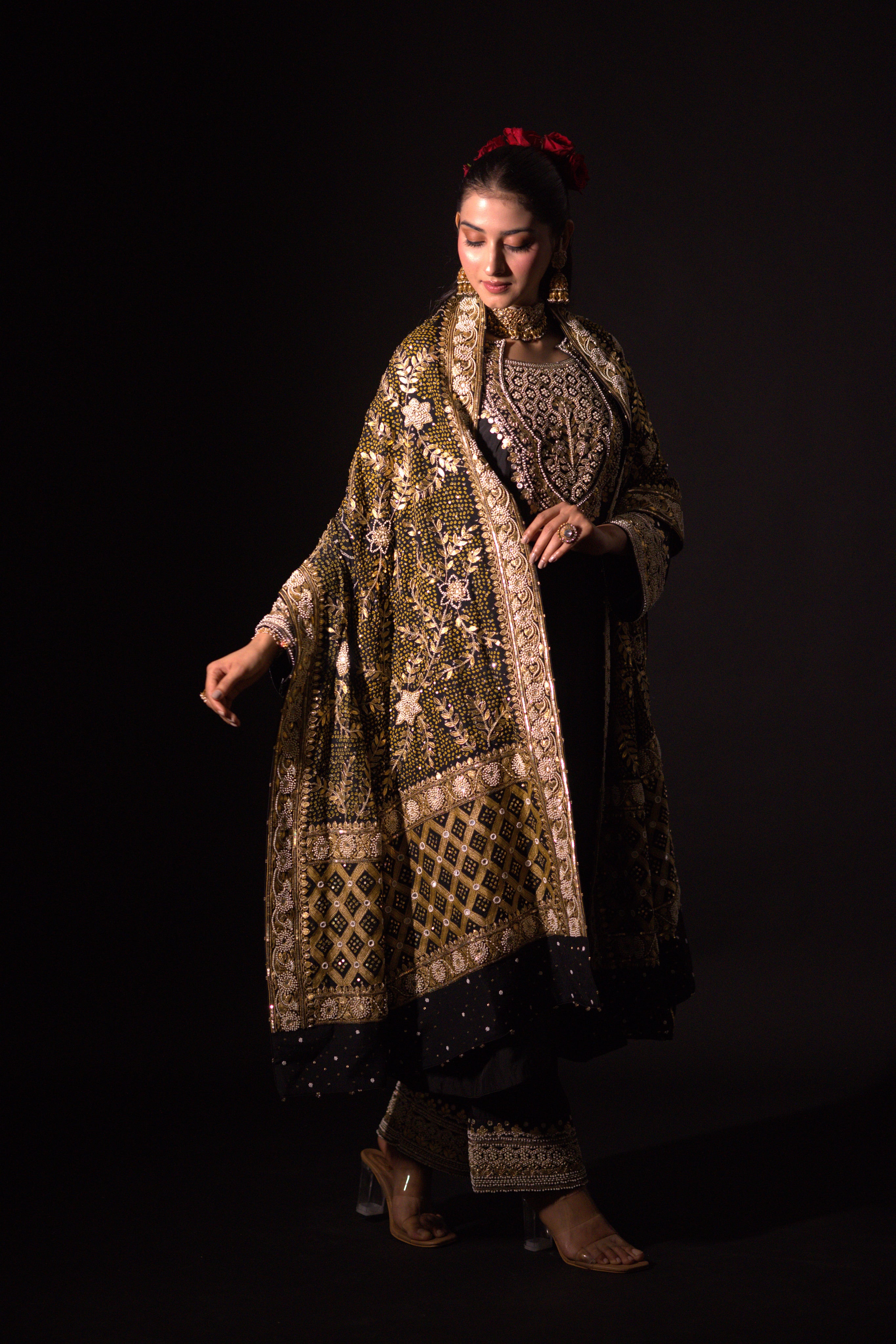 Black Bandhej Dupatta & Silk Kurta Set