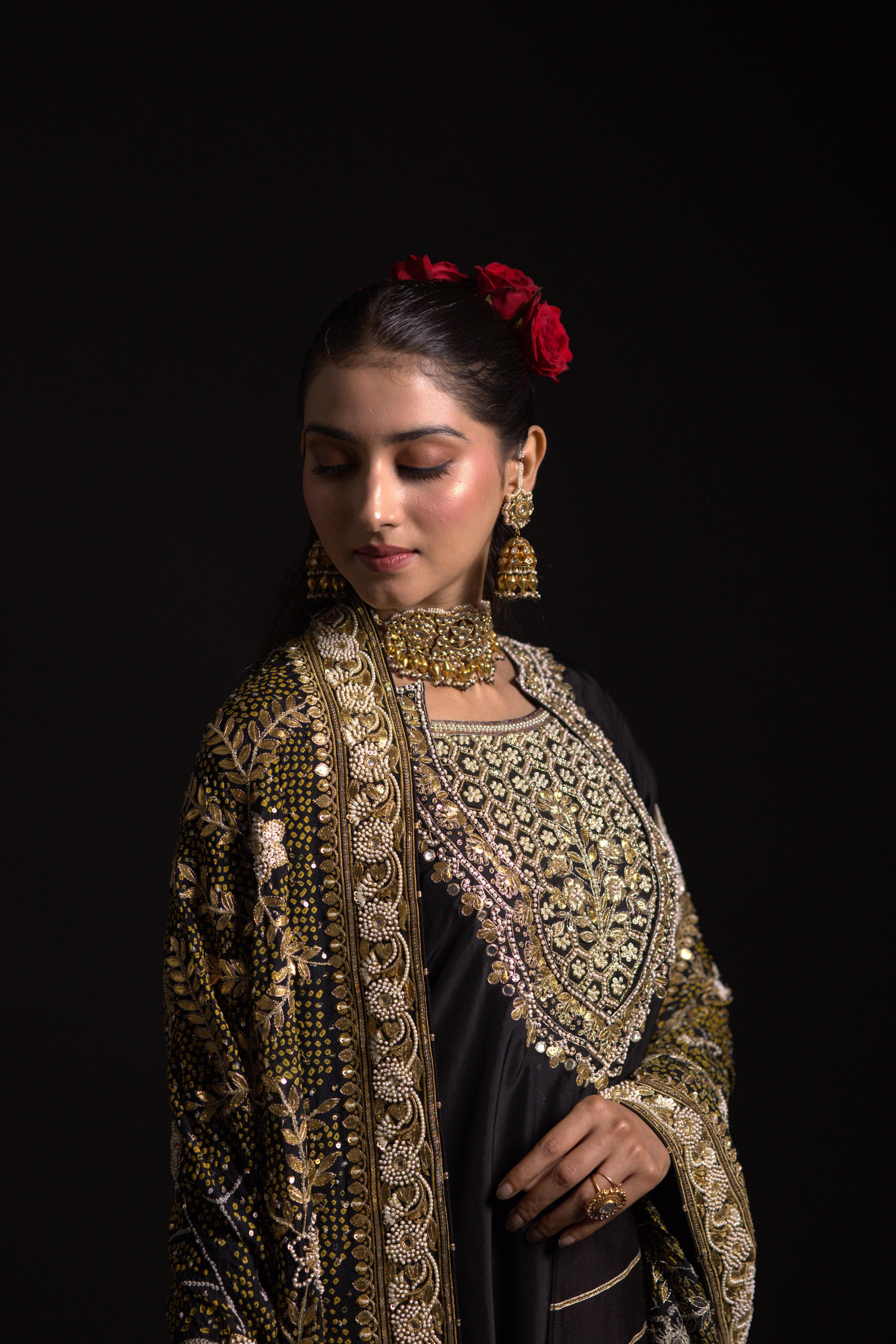 Black Bandhej Dupatta & Silk Kurta Set