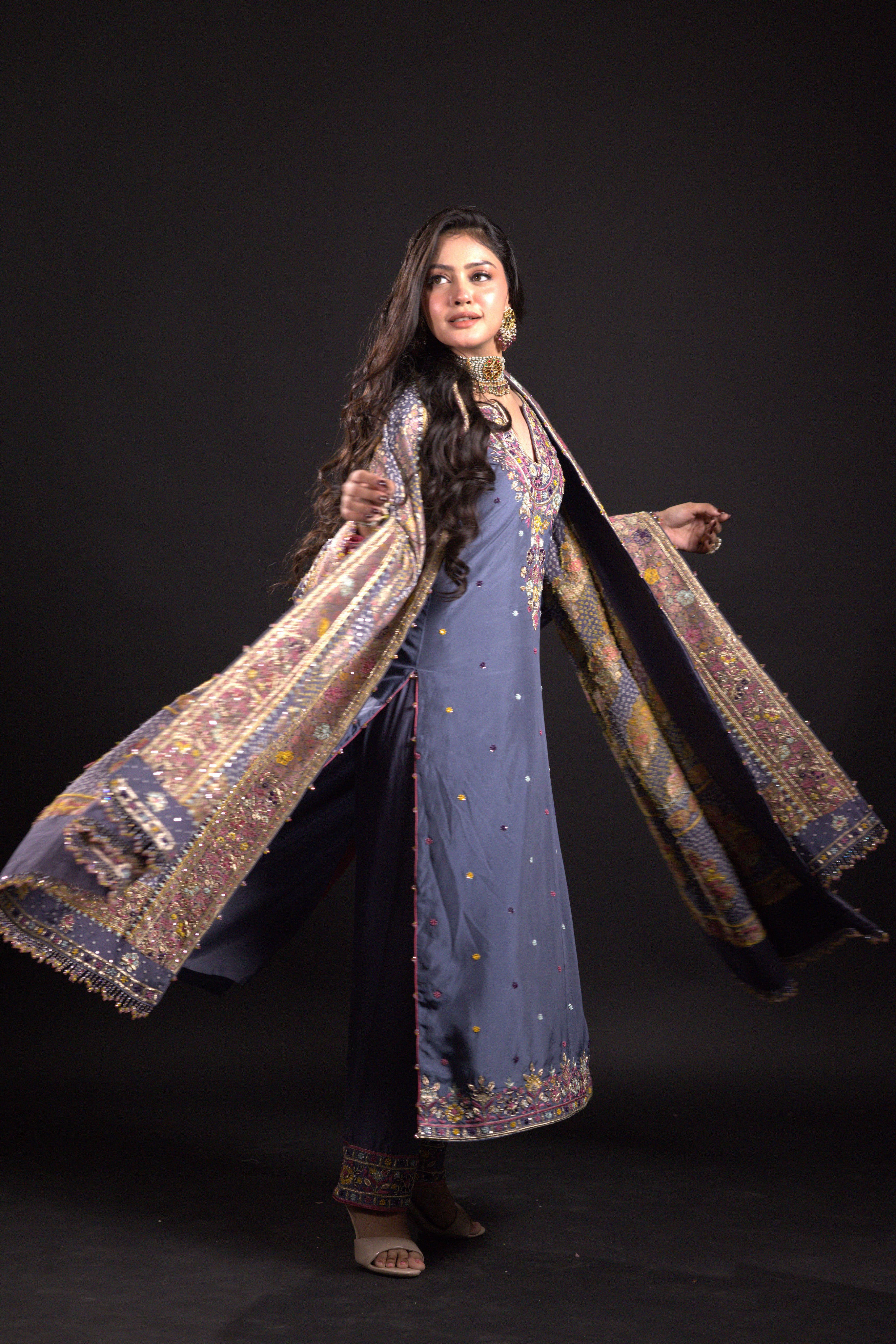 Slate blue Neemzari Bandhej Dupatta and Kurta Set