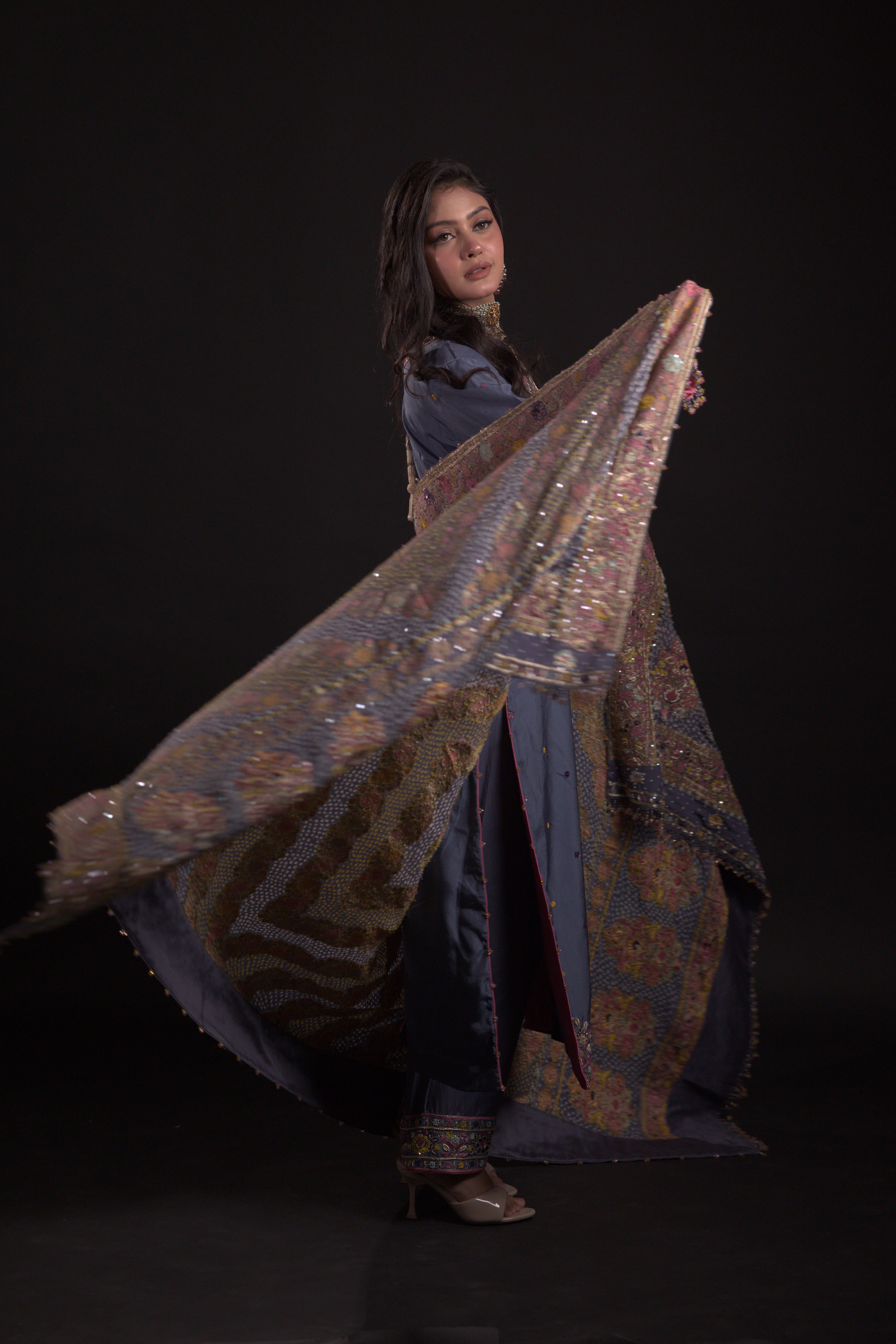 Slate blue Neemzari Bandhej Dupatta and Kurta Set