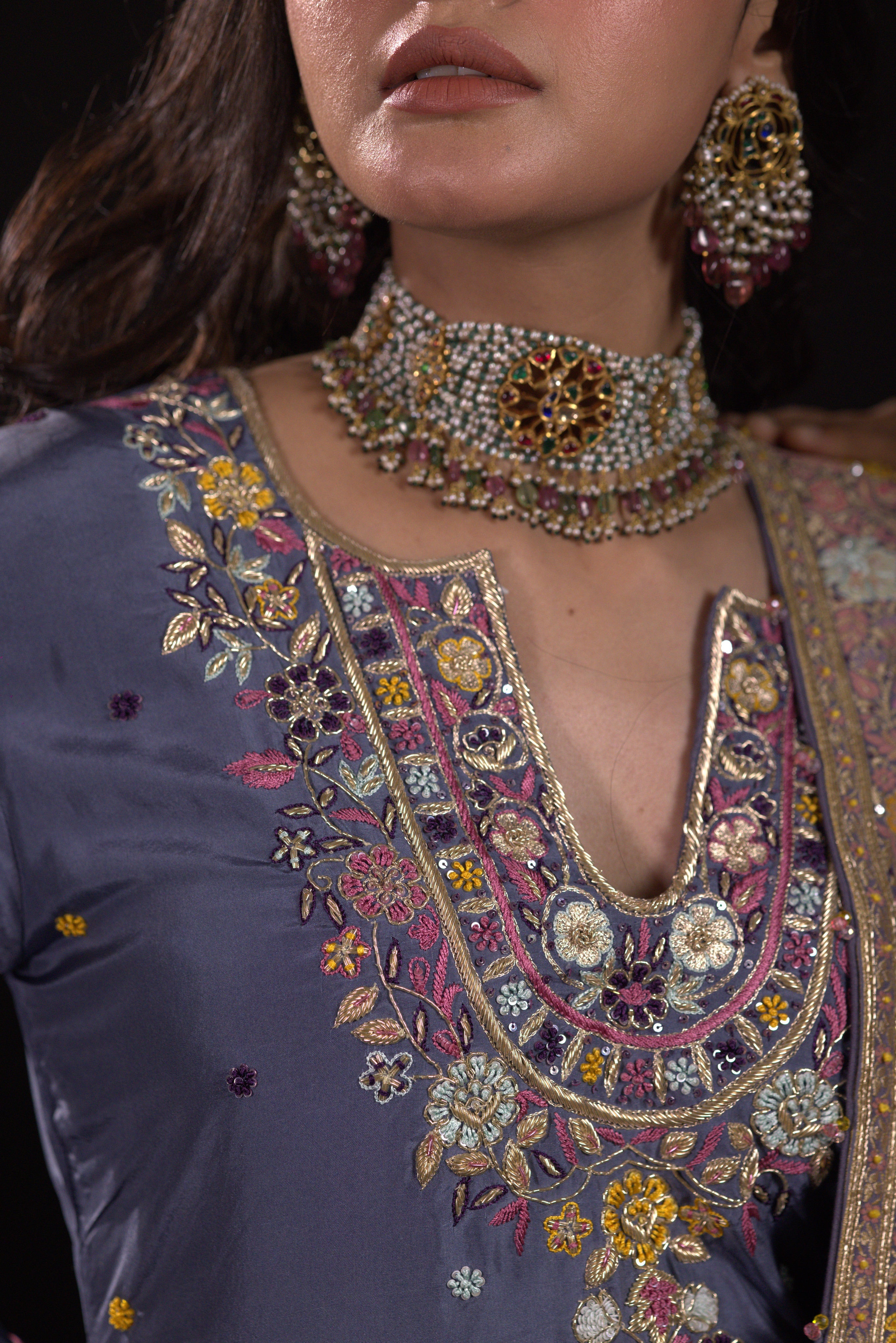 Slate blue Neemzari Bandhej Dupatta and Kurta Set