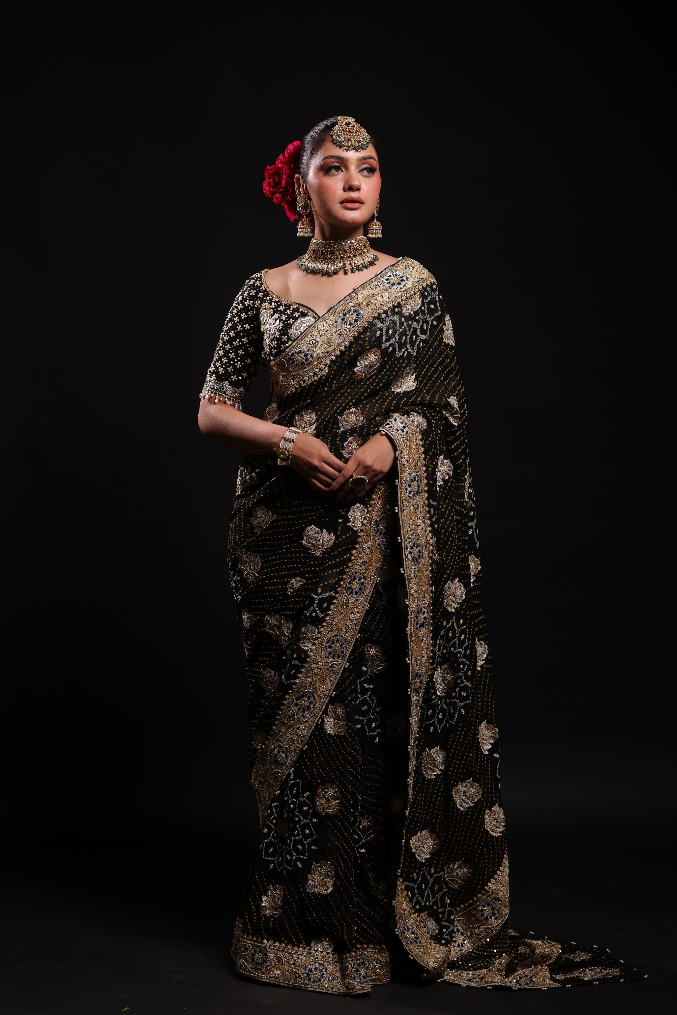 Black Pure Georgette Bandhej Saree