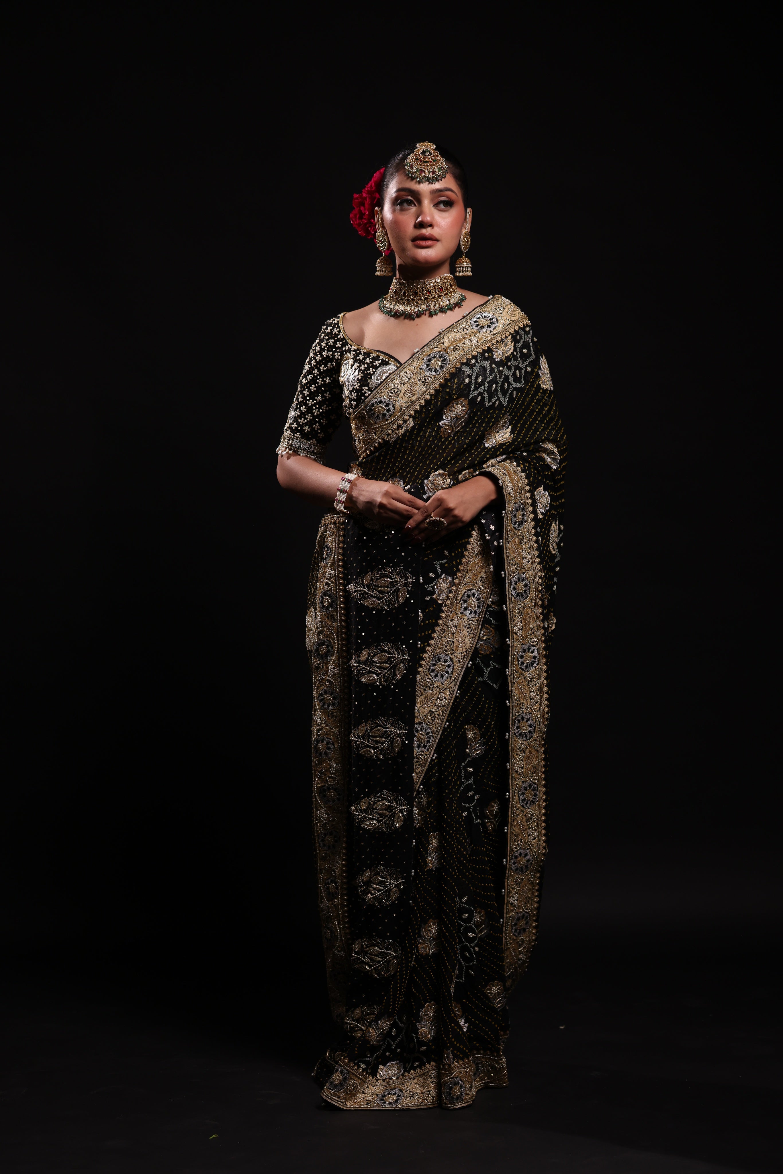 Black Pure Georgette Bandhej Saree