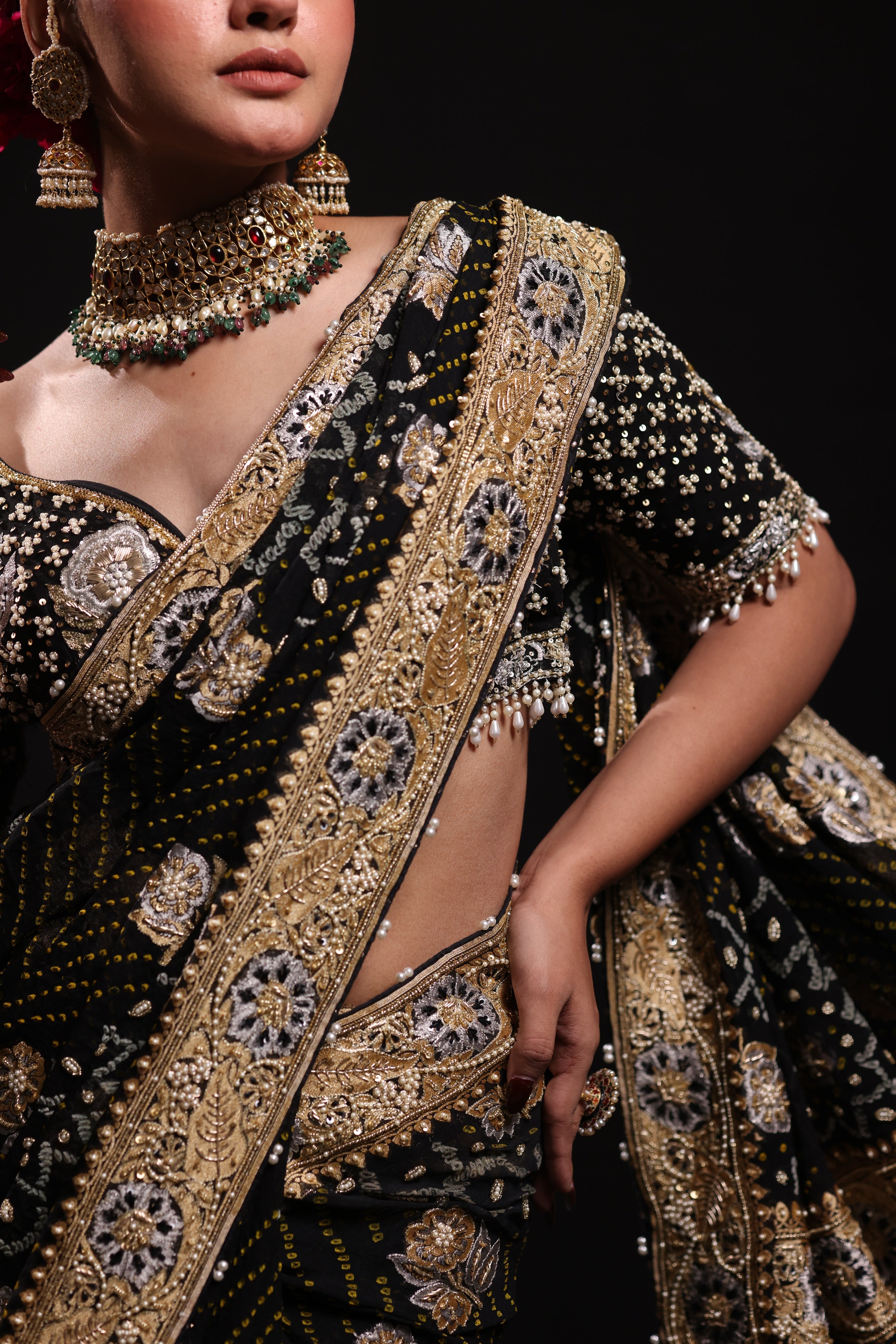 Black Pure Georgette Bandhej Saree