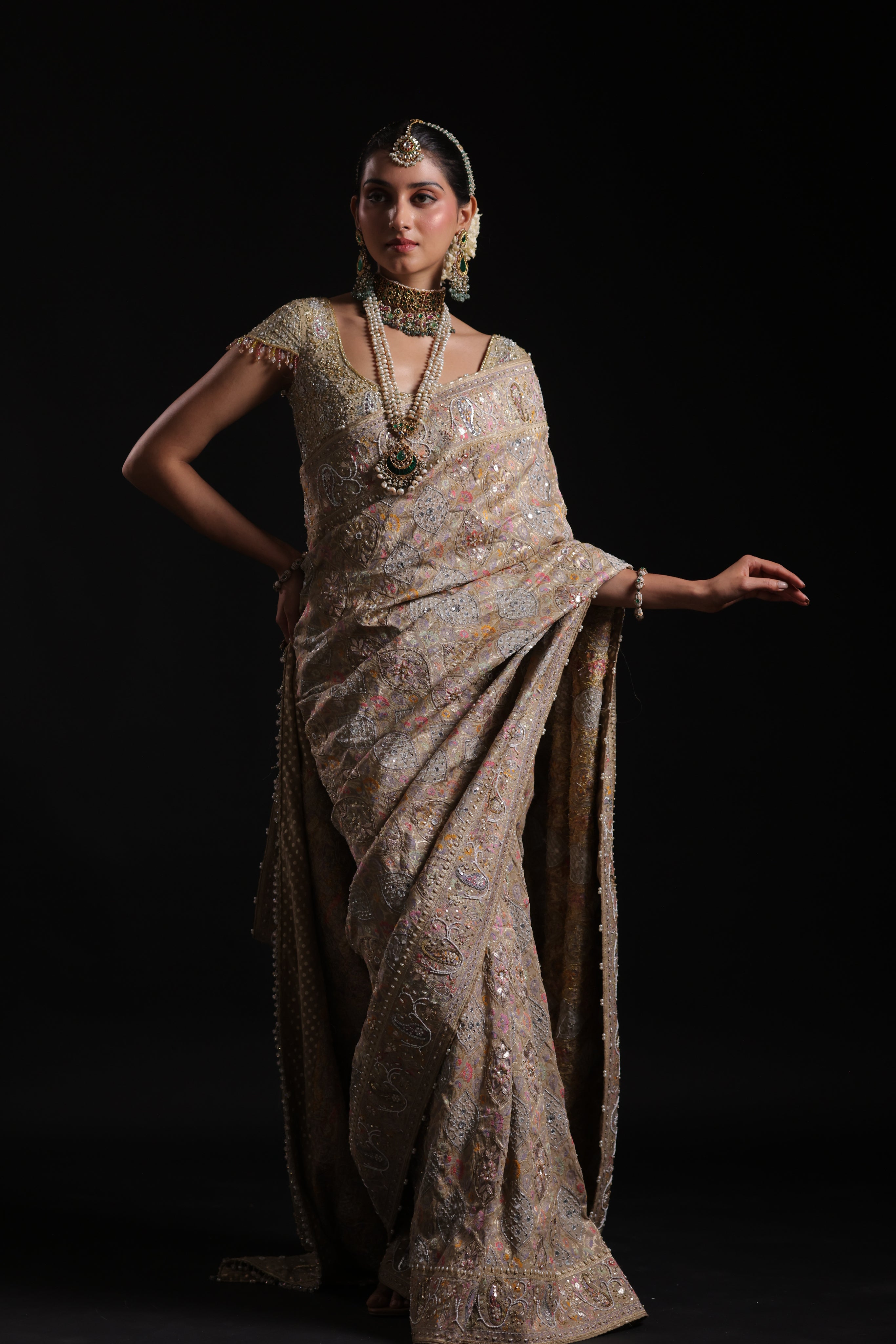 Gilded Champagne Gold Pure Georgette Bandhej Saree