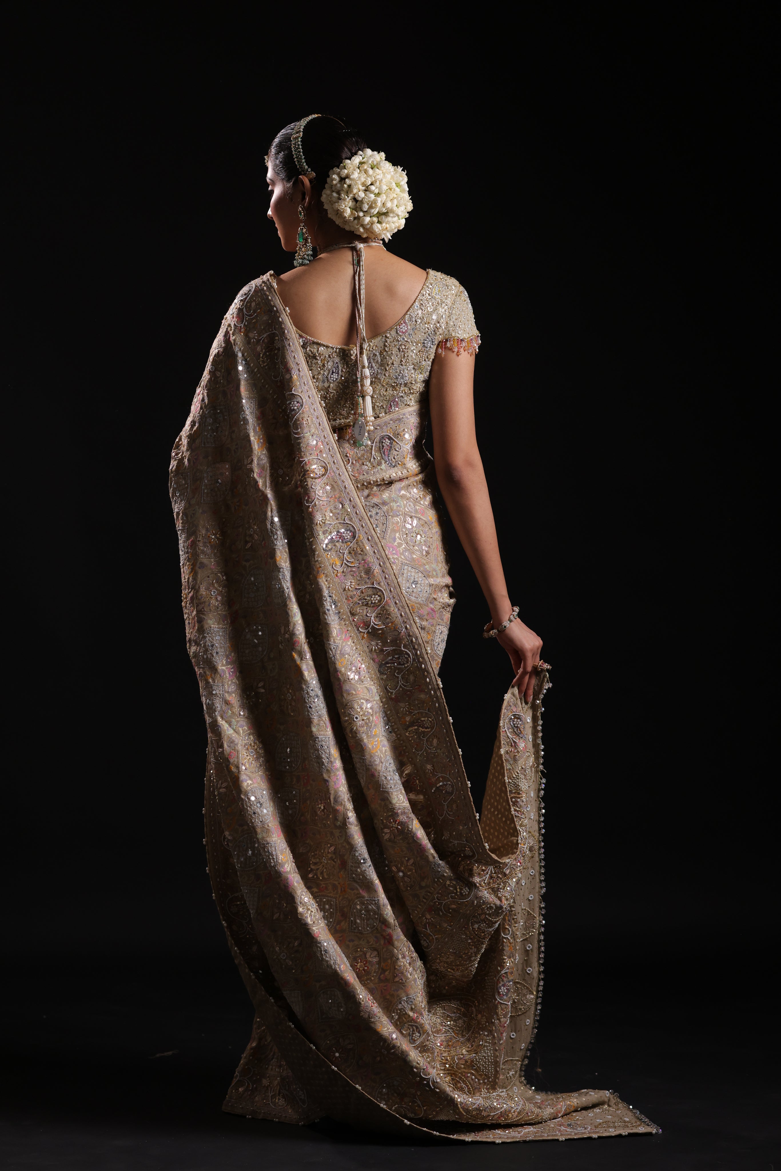 Gilded Champagne Gold Pure Georgette Bandhej Saree