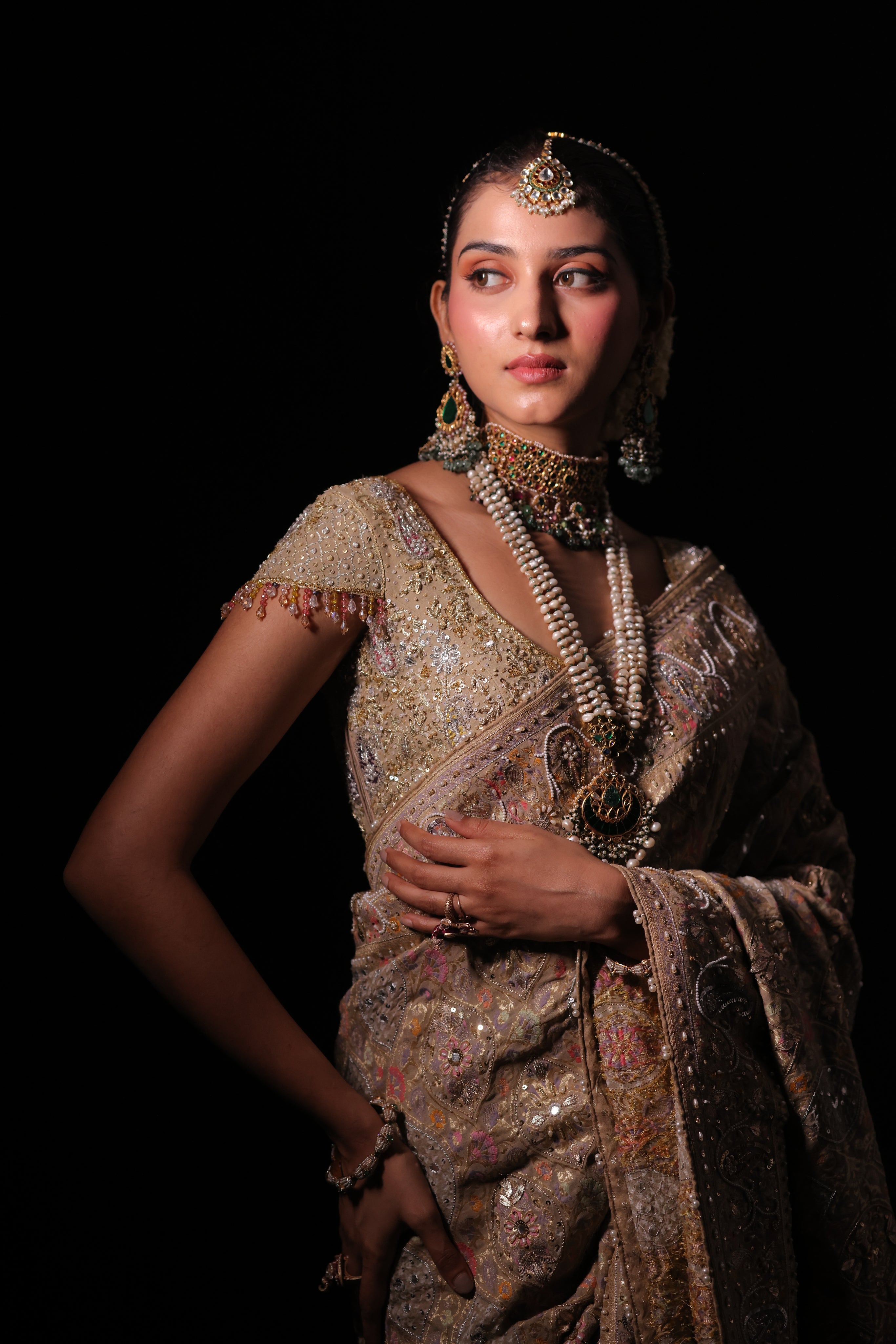 Gilded Champagne Gold Pure Georgette Bandhej Saree