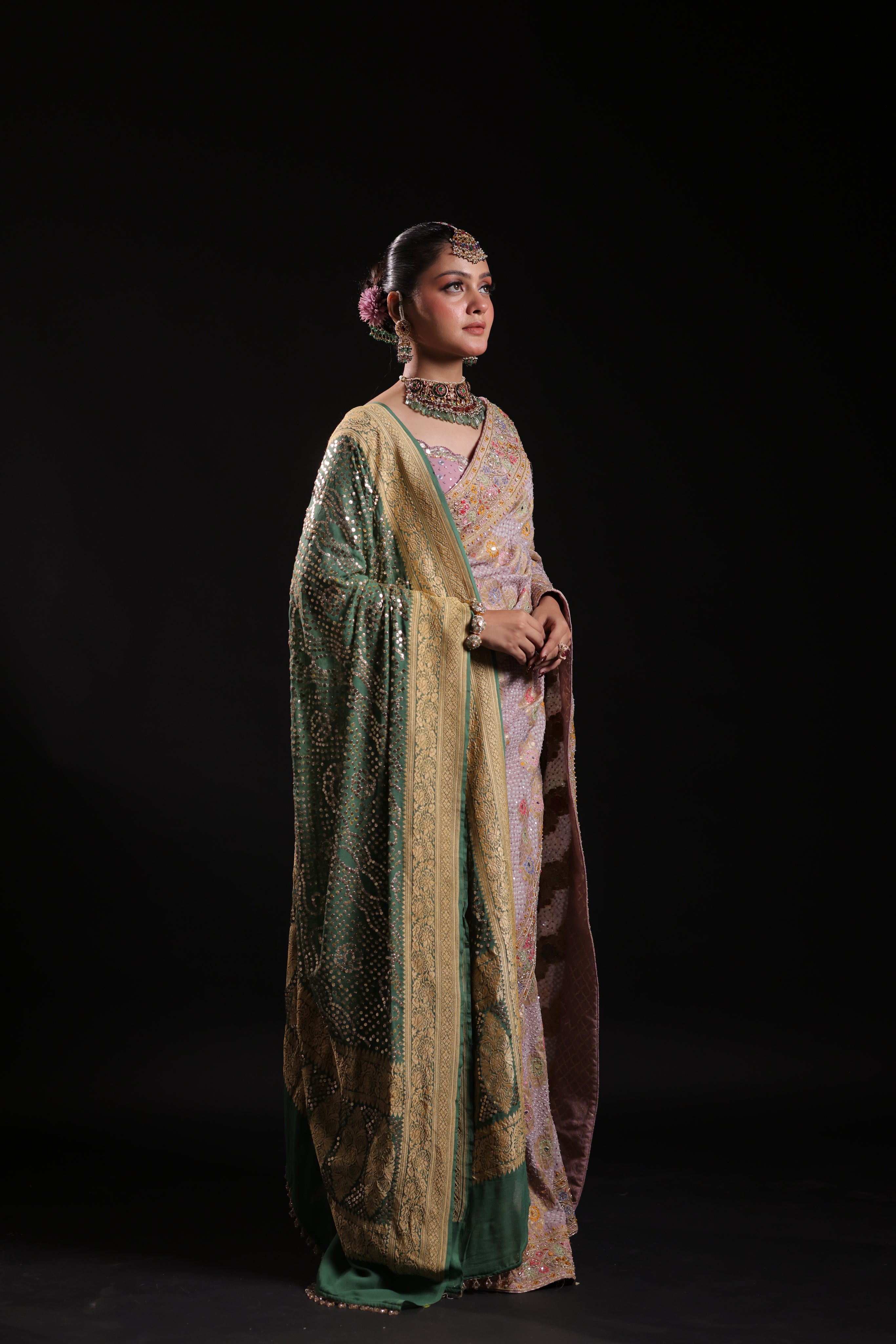 Forest Green Mukaish Bandhej Pure Georgette Dupatta Only