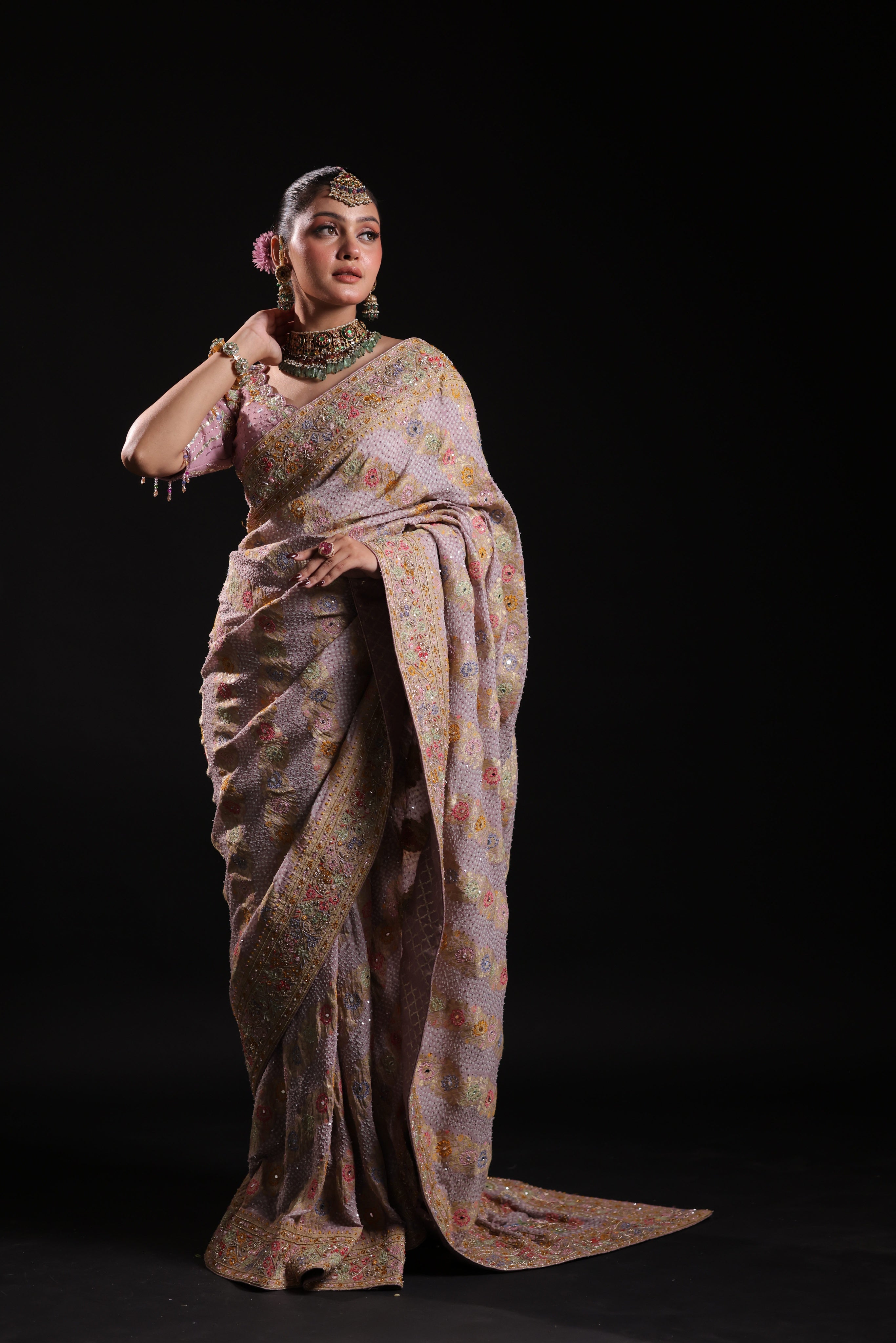 Dusky Mauve Pure Georgette Bandhej Saree