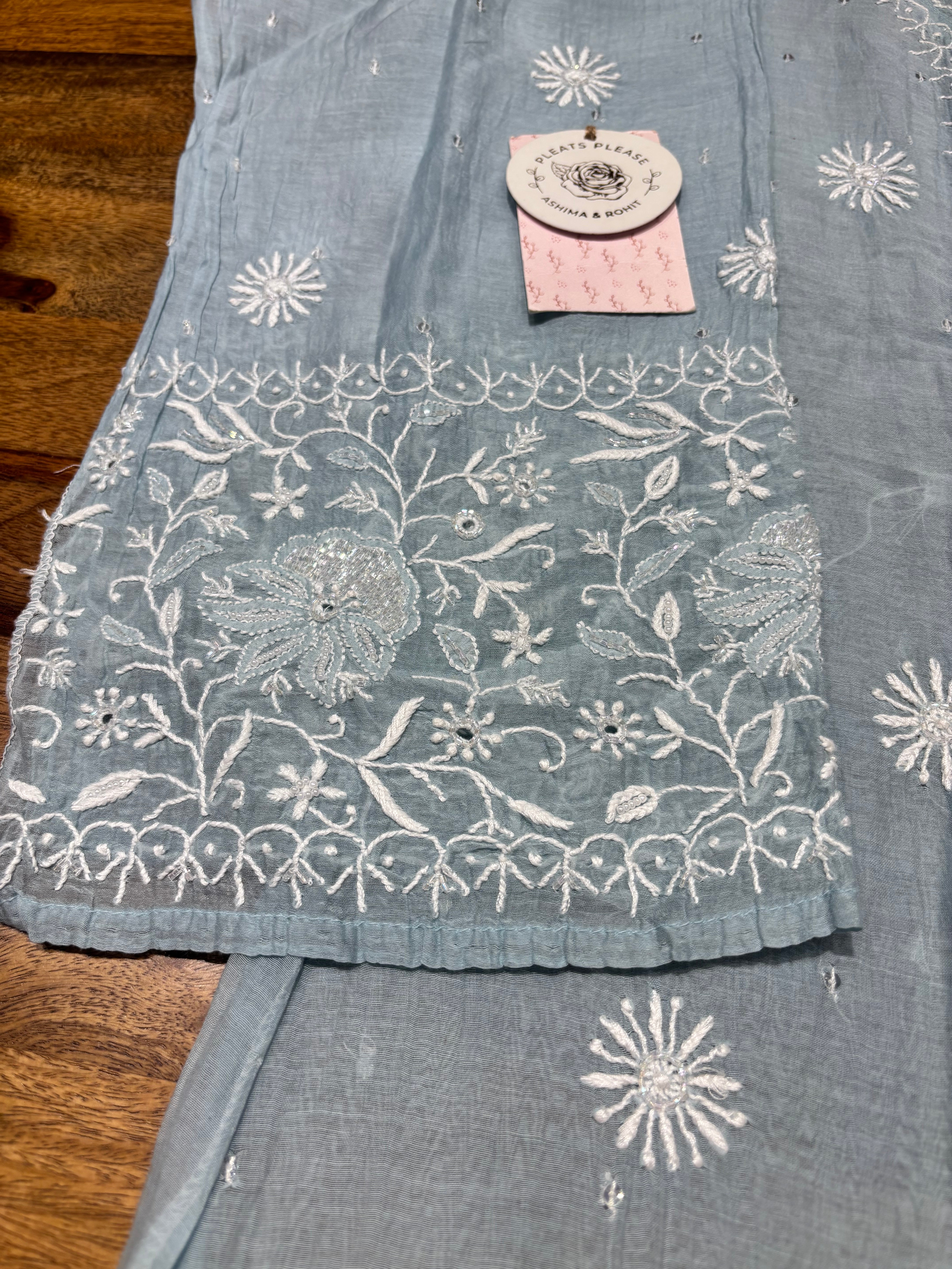 Powder Blue Chanderi Mul Chikankari Kurta & Dupatta Set
