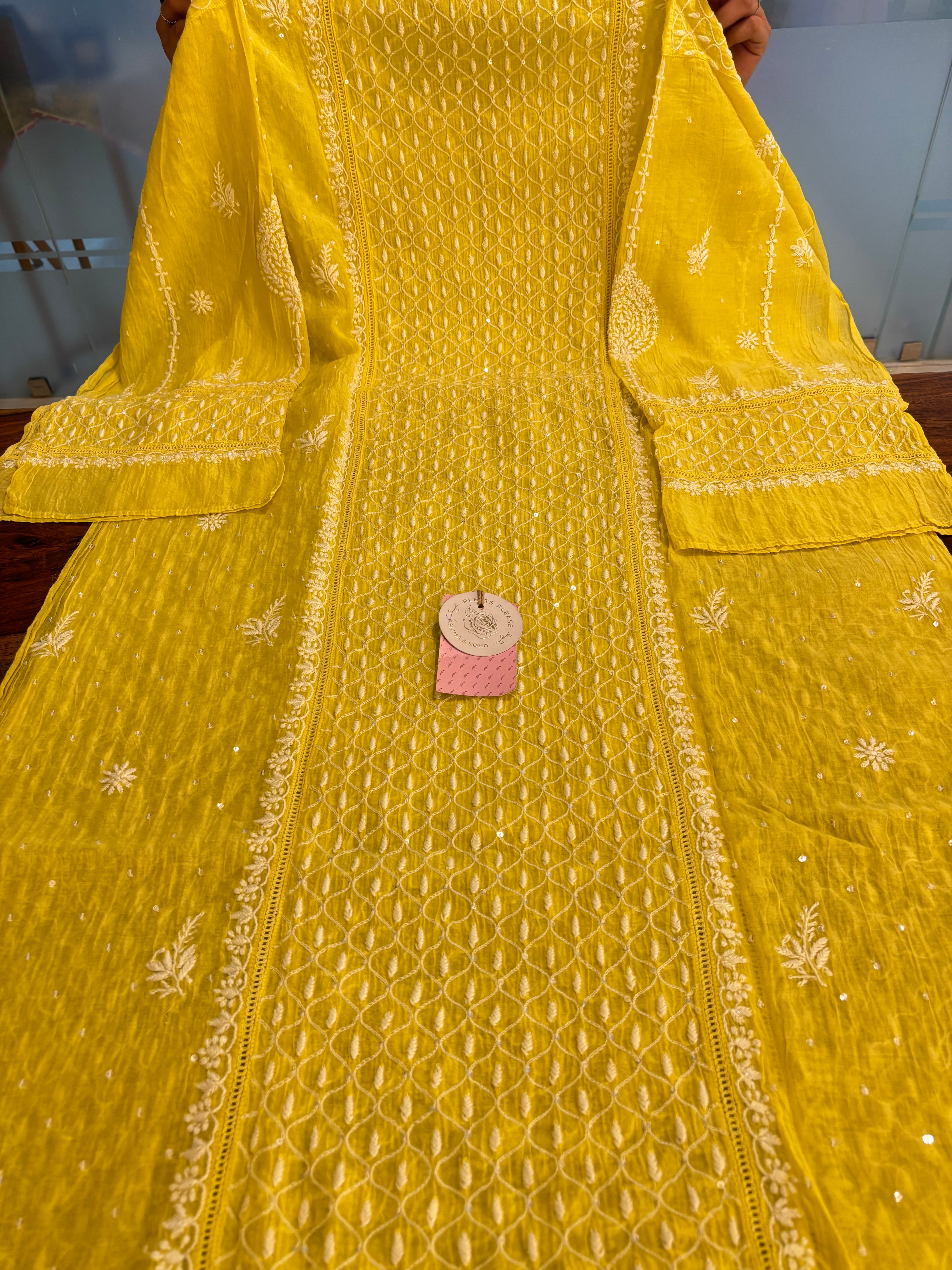 Lemon Yellow Chanderi Chikankari Kurta & Dupatta