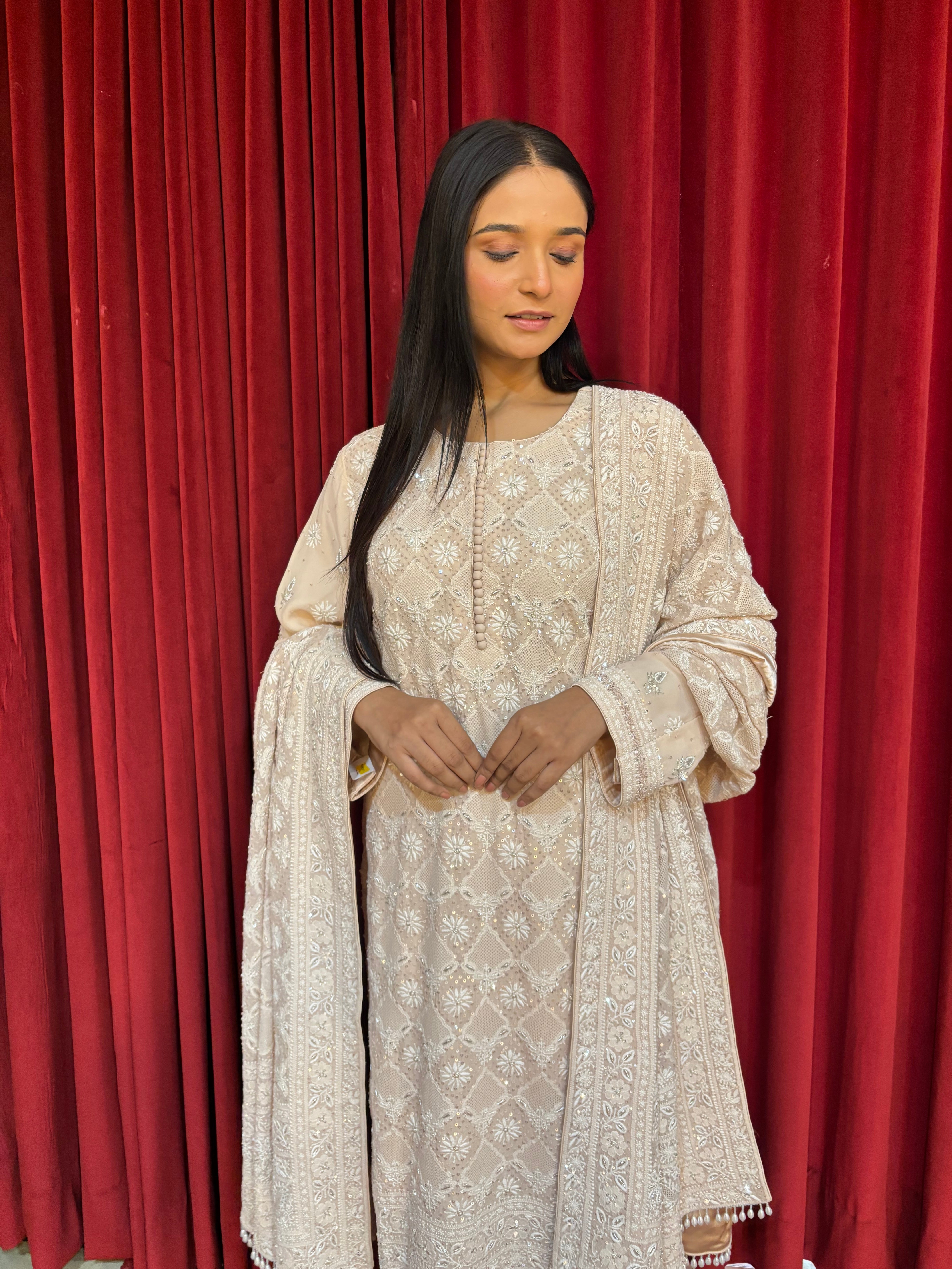 Peach Pure & Premium Georgette Chikankari Kurta & Dupatta Set