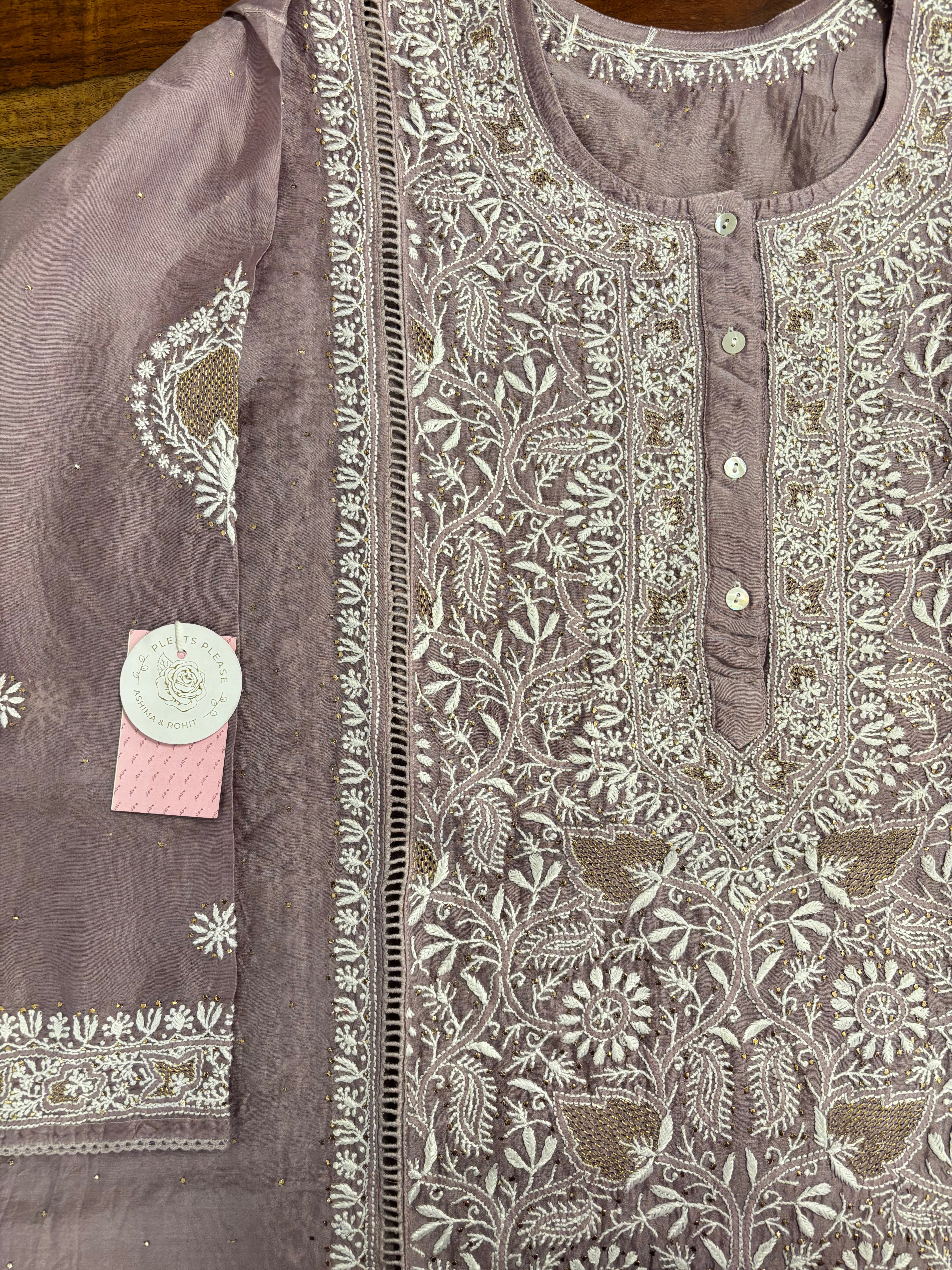 Mauve Chanderi Mukaish Chikankari Kurta & Dupatta - Pleats PleaseChikankari