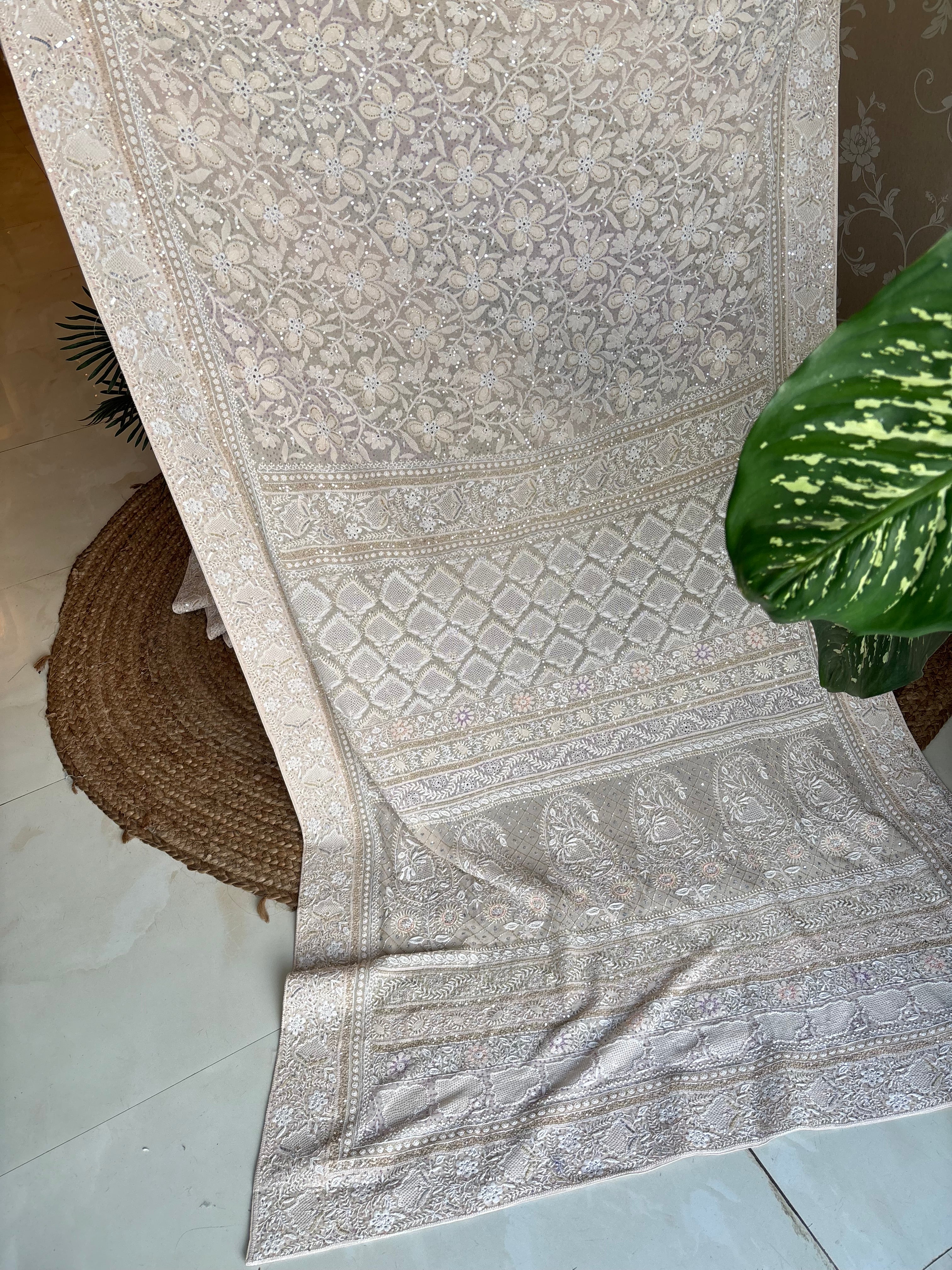 Coffee Cream Pure Georgette Chikankari Saree and Blouse