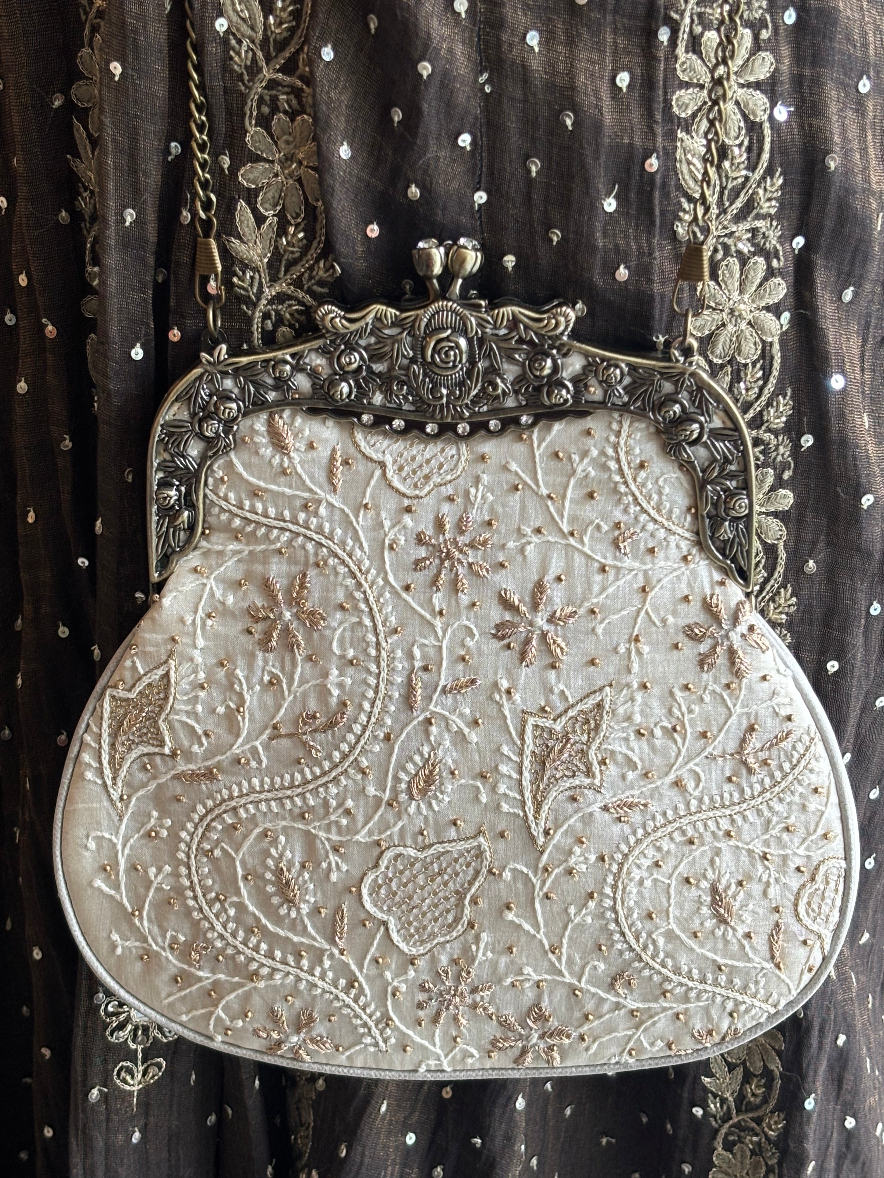 Ivory Silk Chikankari Clutch