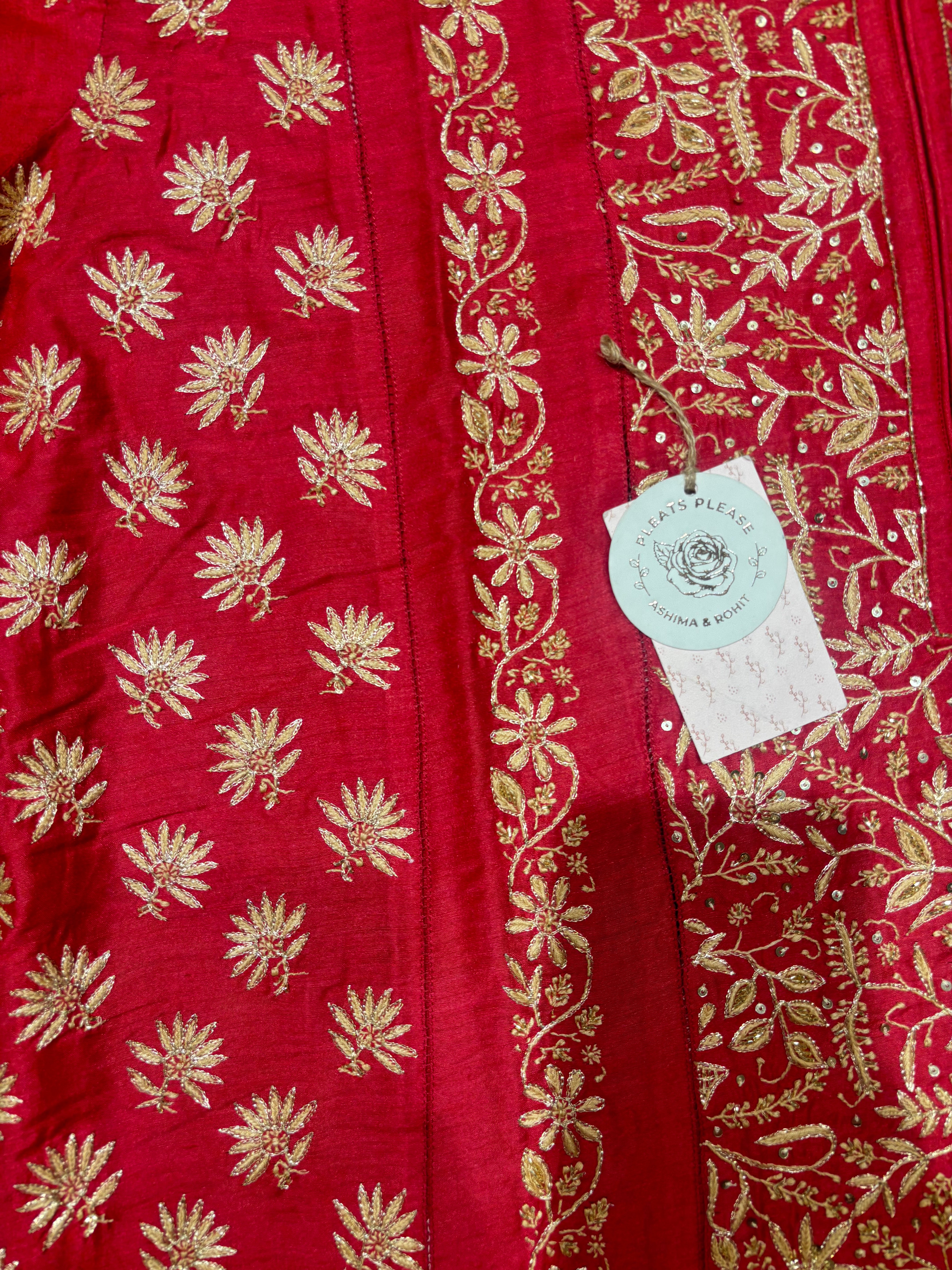 Red Monga Silk Chikankari A-line Anarkali & Dupatta Set