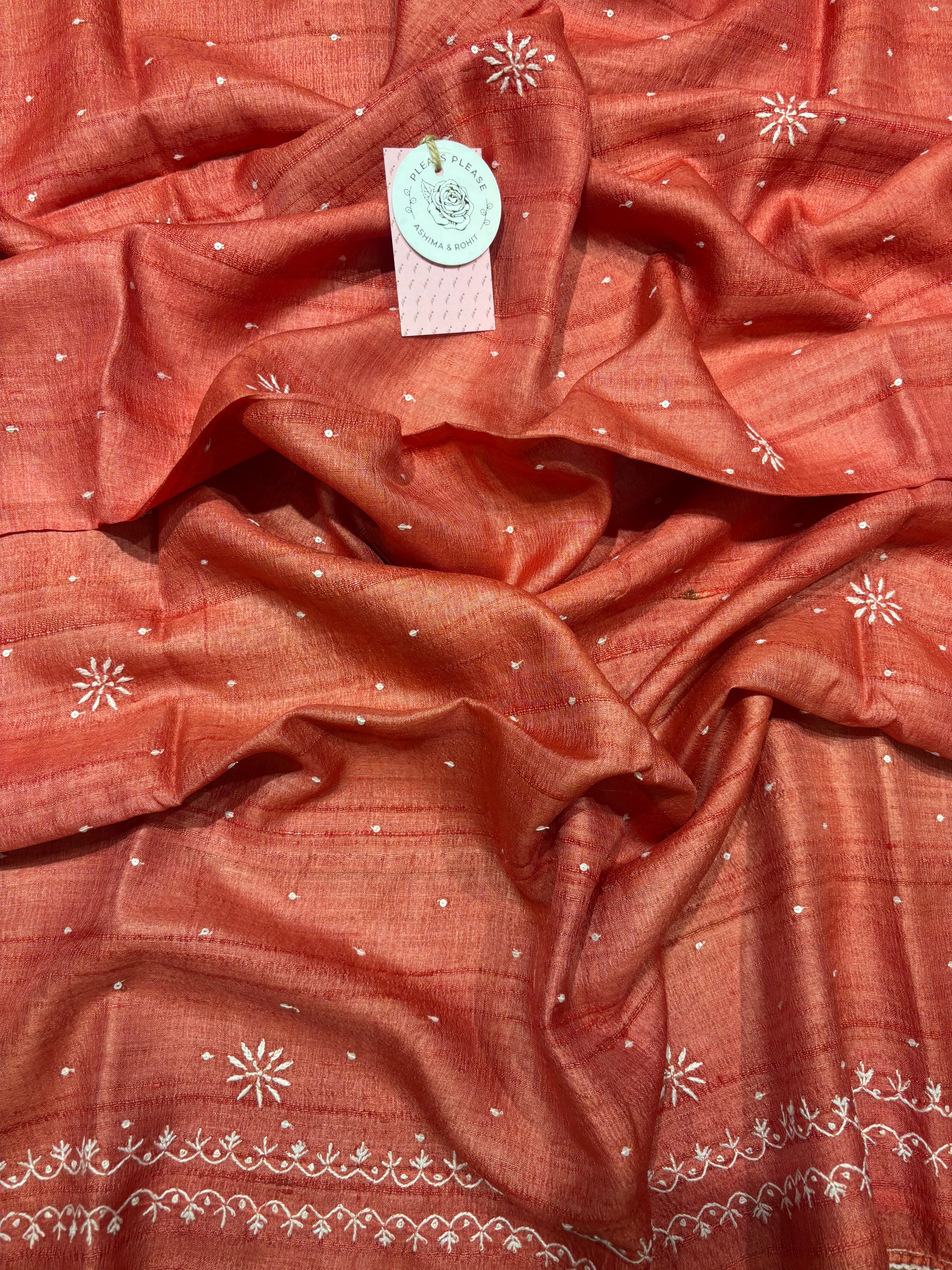 Red Pure & Premium Tussar Silk Chikankari Kurta & Dupatta Set