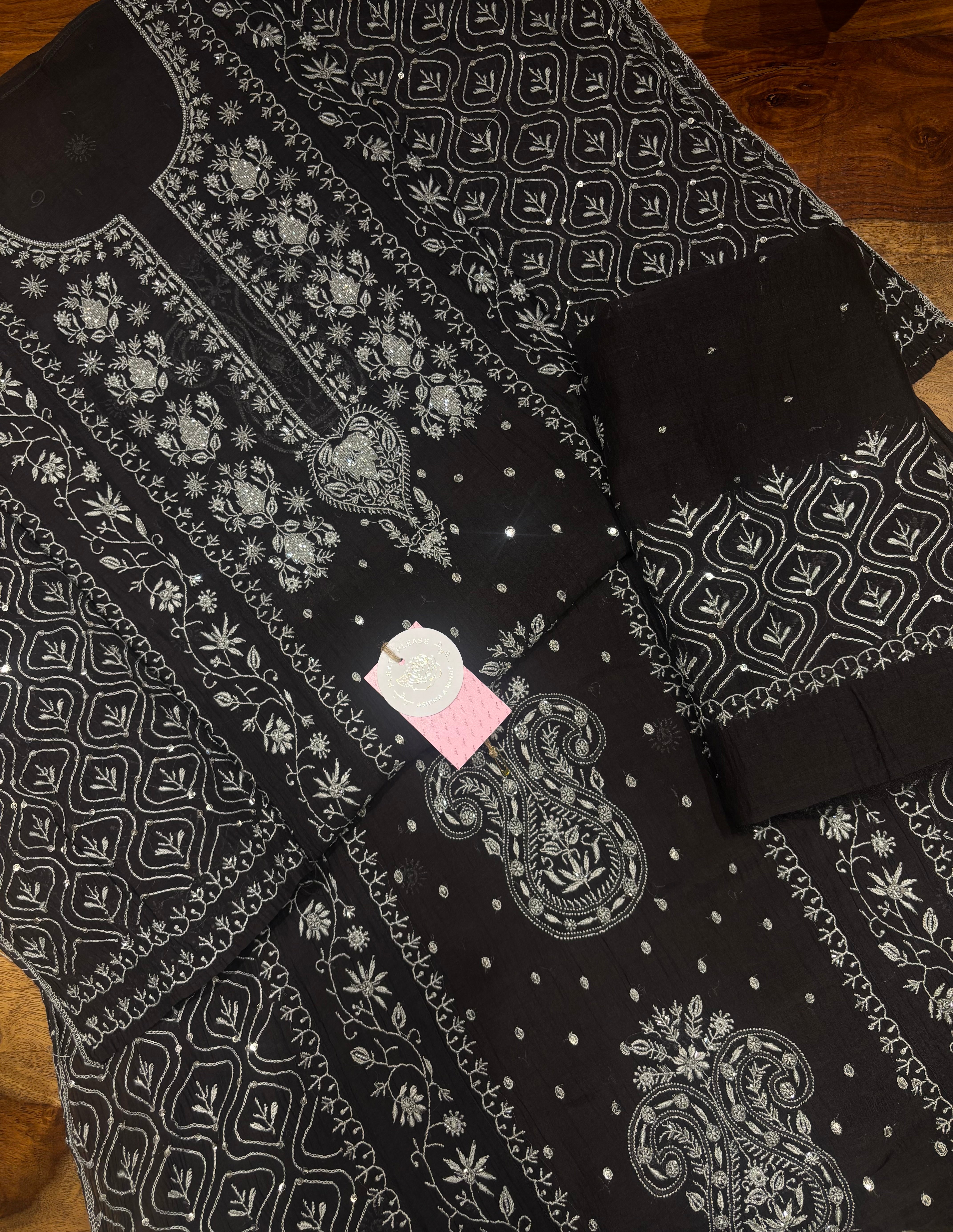 Black Chanderi Mul Chikankari Kurta & Dupatta Set