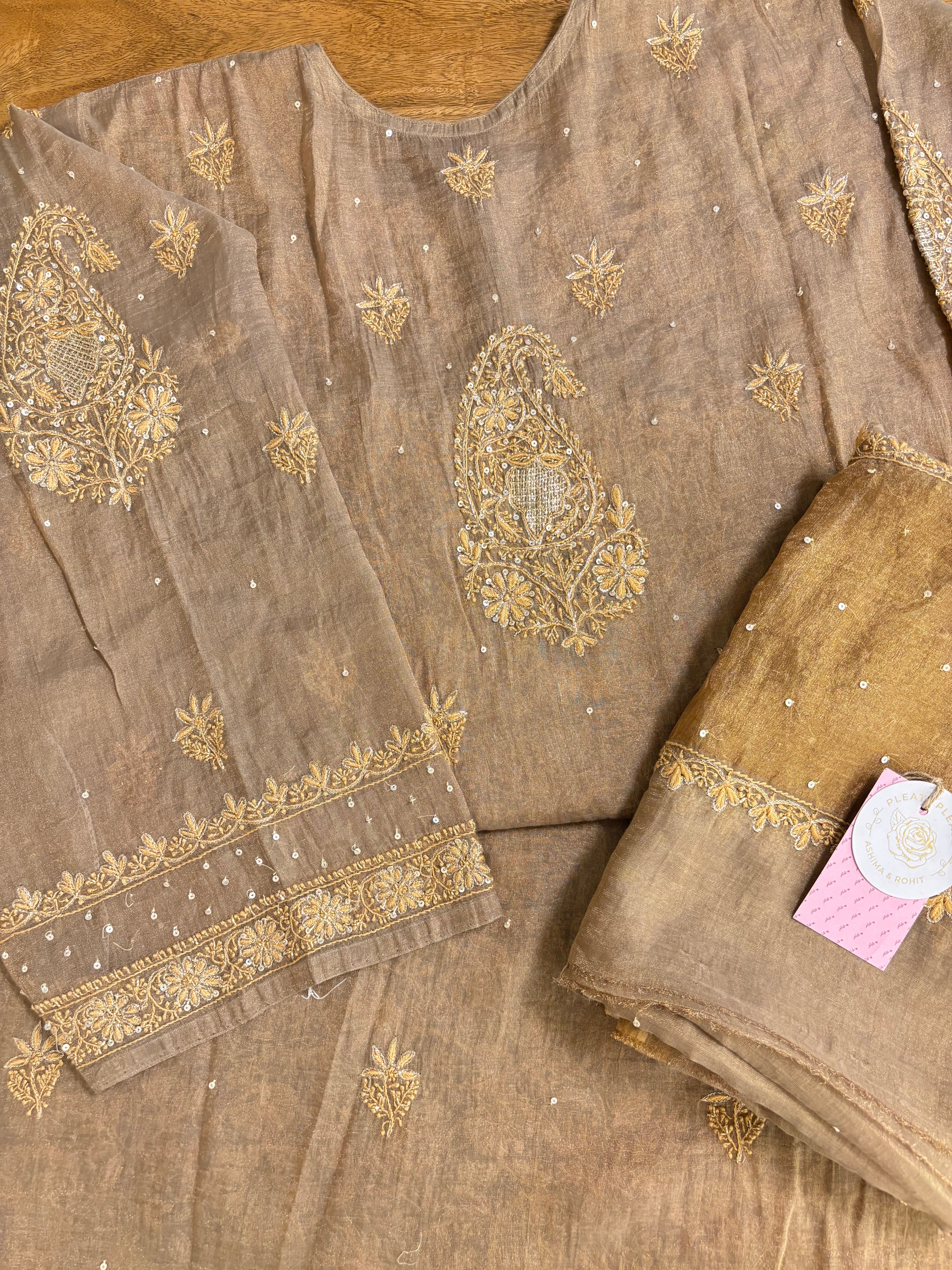 Warm Bronze Pure & Premium Tissue Chikankari Kurta & Dupatta